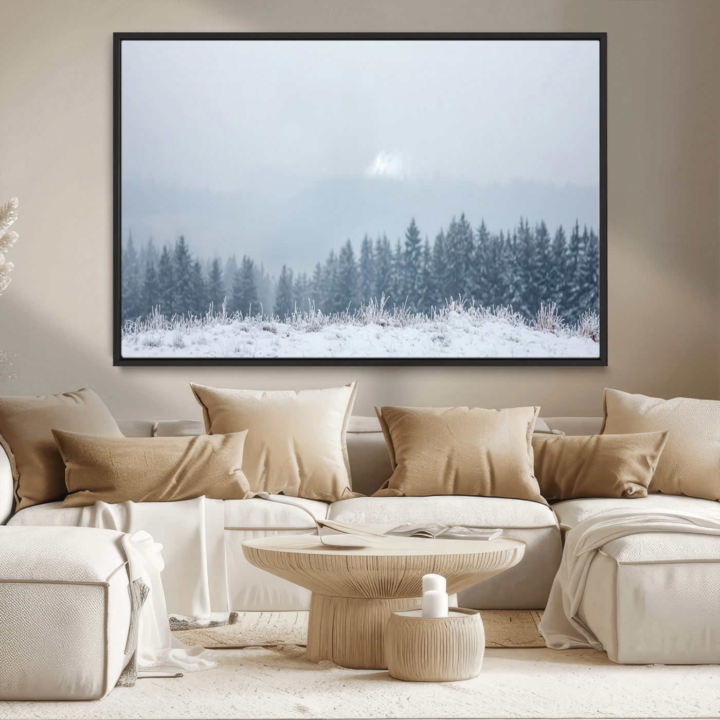 33033082-MGV-CV-36X24-Winter Forest Wall Art Canvas Print – Framed Snowy Landscape Art Picture Misty Tree Scene Artwork for Home Office