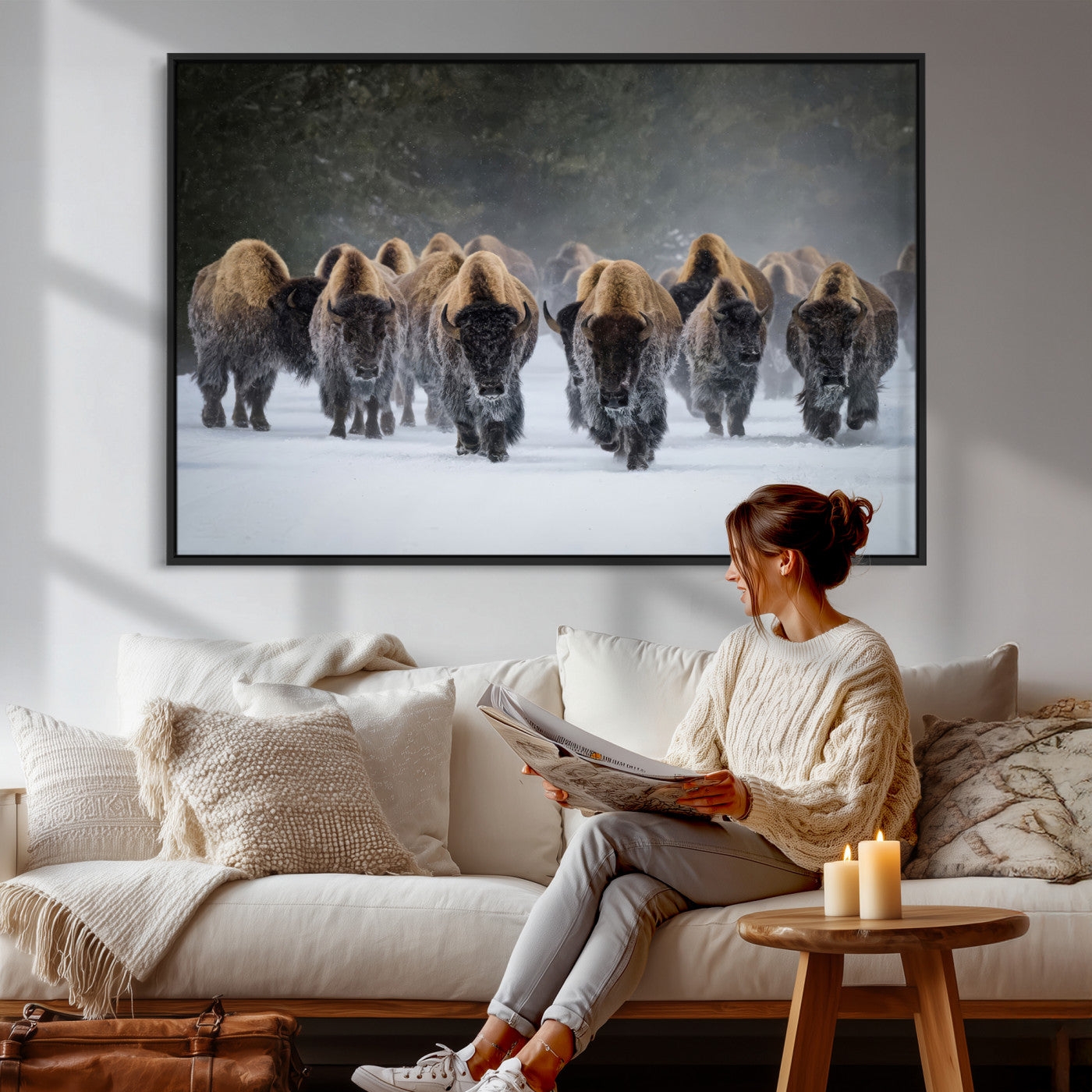 41669135-MGV-CV-36X24 - Winter Bison Herd Wall Art – Majestic Buffalo Charge Canvas Print with Snow Covered Plains, Rustic Wildlife Strength and Untamed Nature Decor for Home and Office