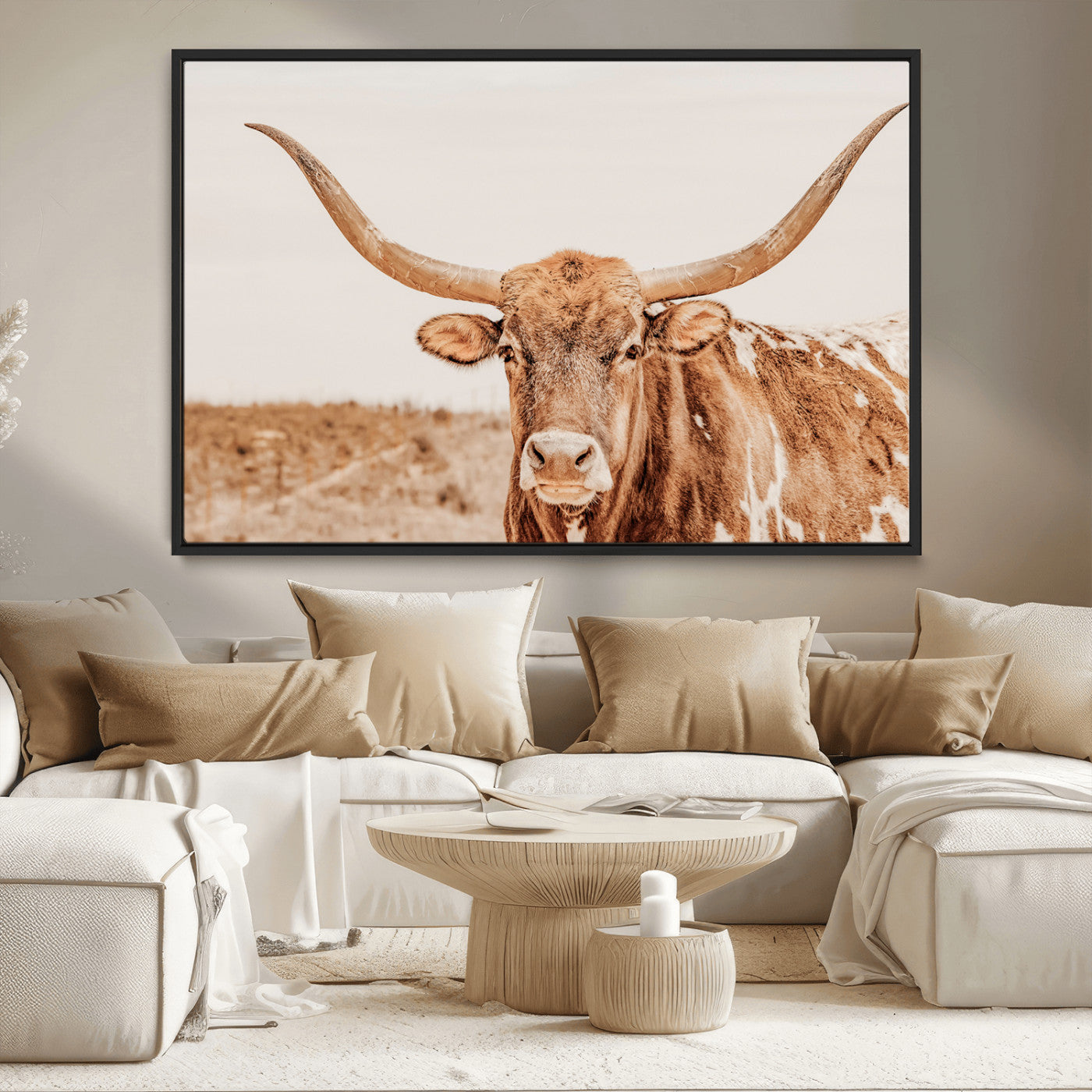 74406977-MGV-CV-36X24-Longhorn Bull Wall Art Canvas Print – Framed Western Cow Rustic Farmhouse Neutral Country Animal Artwork for Home Office
