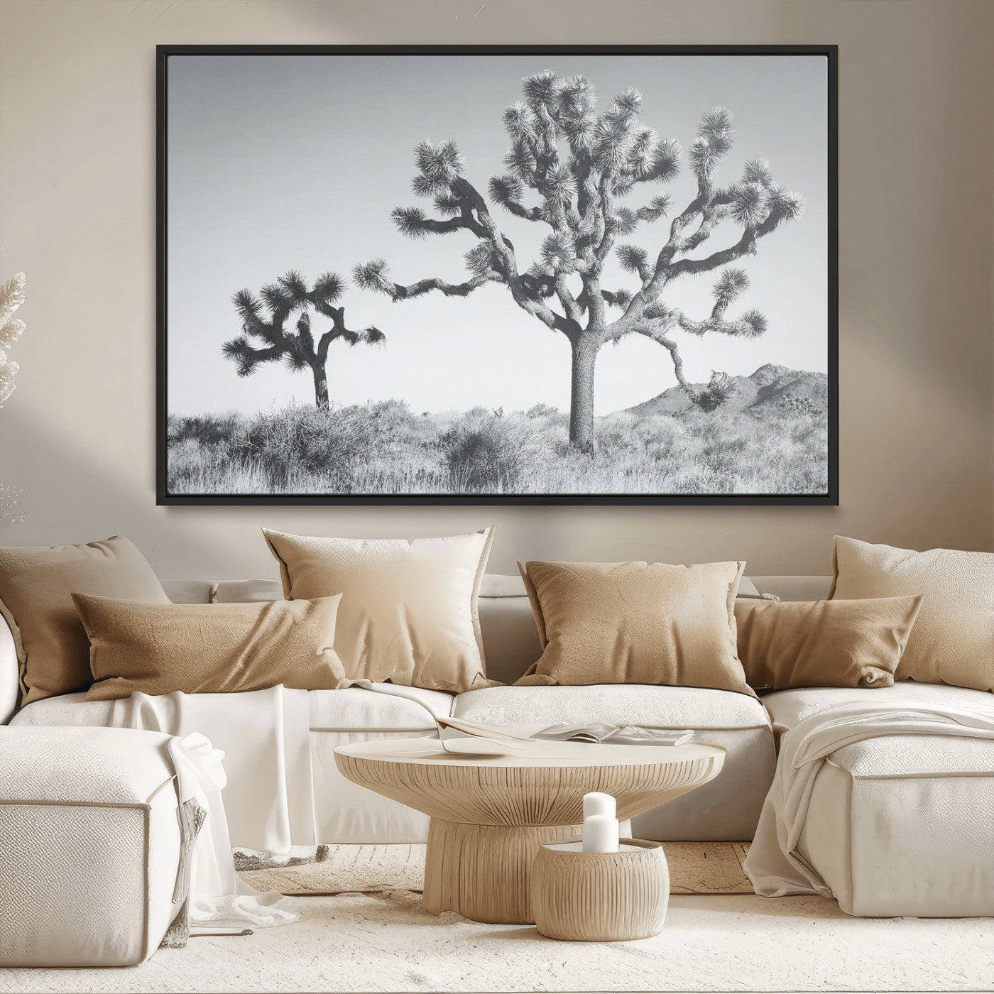 58647785-MGV-CV-36X24-Joshua Trees Wall Art Canvas Print – Framed Black White Desert Landscape Dry Grass Hills Tranquil Artwork for Home Office