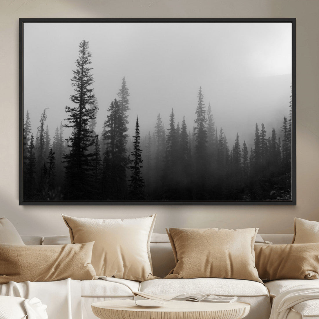 Misty Pines Wall Art Canvas Print, Framed Woodland Minimalist Black and White