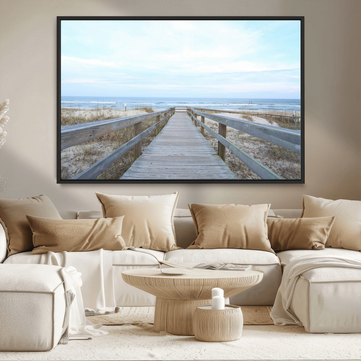 31602988-MGV-CV-36X24-Beach Boardwalk Wall Art Canvas Print – Framed Coastal Serenity Ocean View Nature Scene Artwork for Home Office