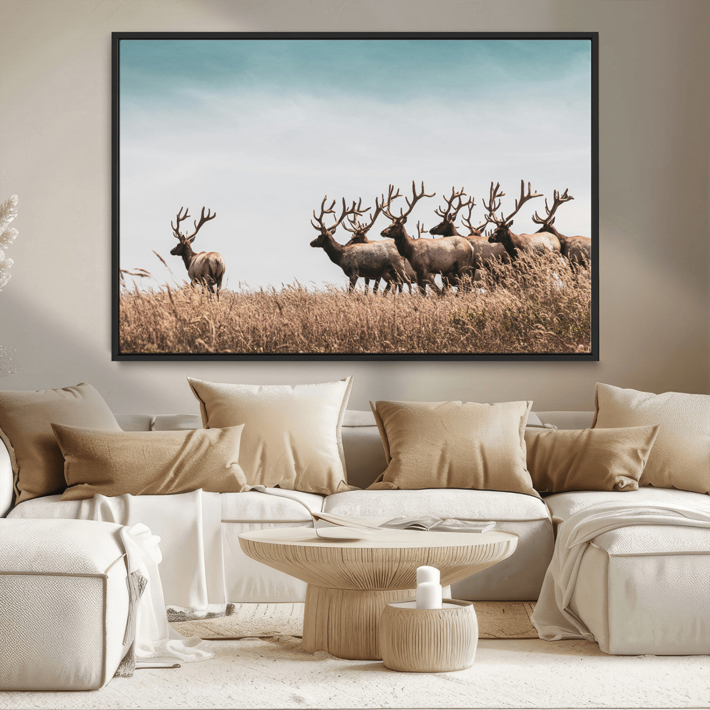 81594705-MGV-CV-36X24-Elk Herd Wall Art Canvas Print – Framed Wildlife Photography Rustic Nature Scene Artwork for Home, Office, Living Room