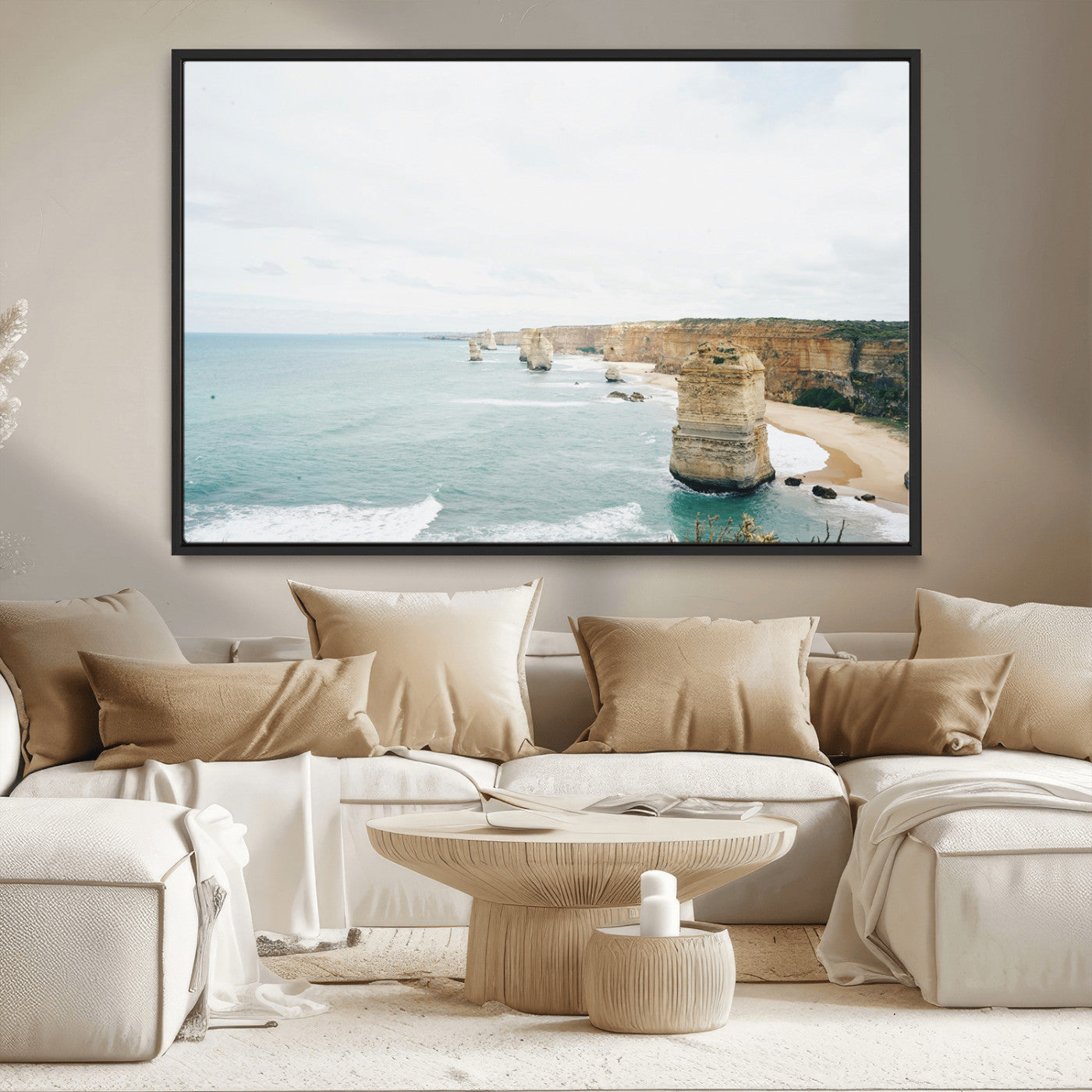 70095633-MGV-CV-36X24-Twelve Apostles Wall Art Canvas Print – Framed Coastal Cliffs Rugged Rock Formations Artwork for Home Office