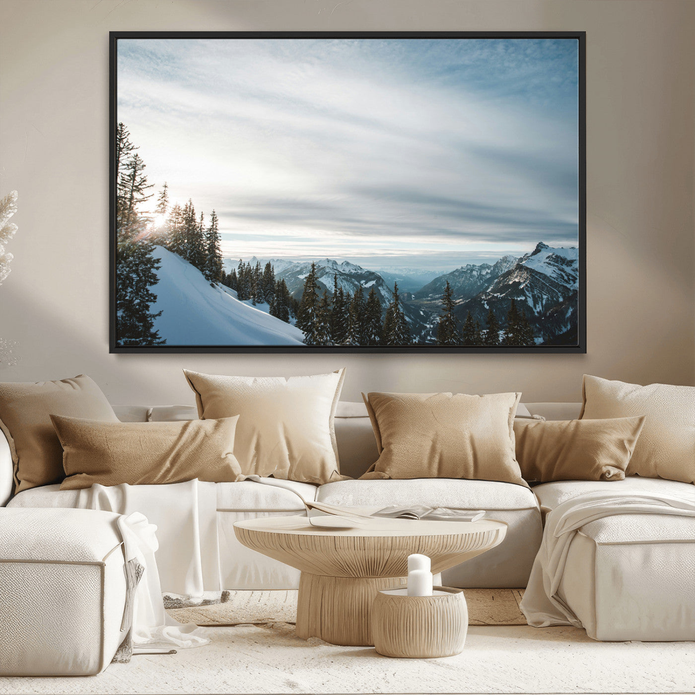 55564749-MGV-CV-36X24-Snowy Mountains Wall Art Canvas Print – Framed Alpine Landscape Frosty Peaks Nordic Minimalist Nature Artwork for Home, Office