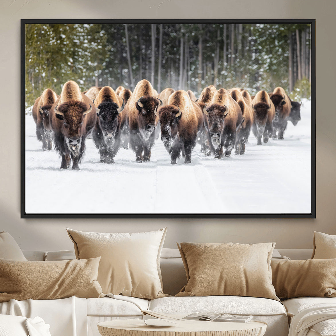 96906195-MGV-FC-36X24 - American Bison Herd Snow Canvas Wall Art – Powerful Winter Wildlife Print of Buffalo Motion, Rustic Lodge or Western Cabin Decor for Living Room, Office