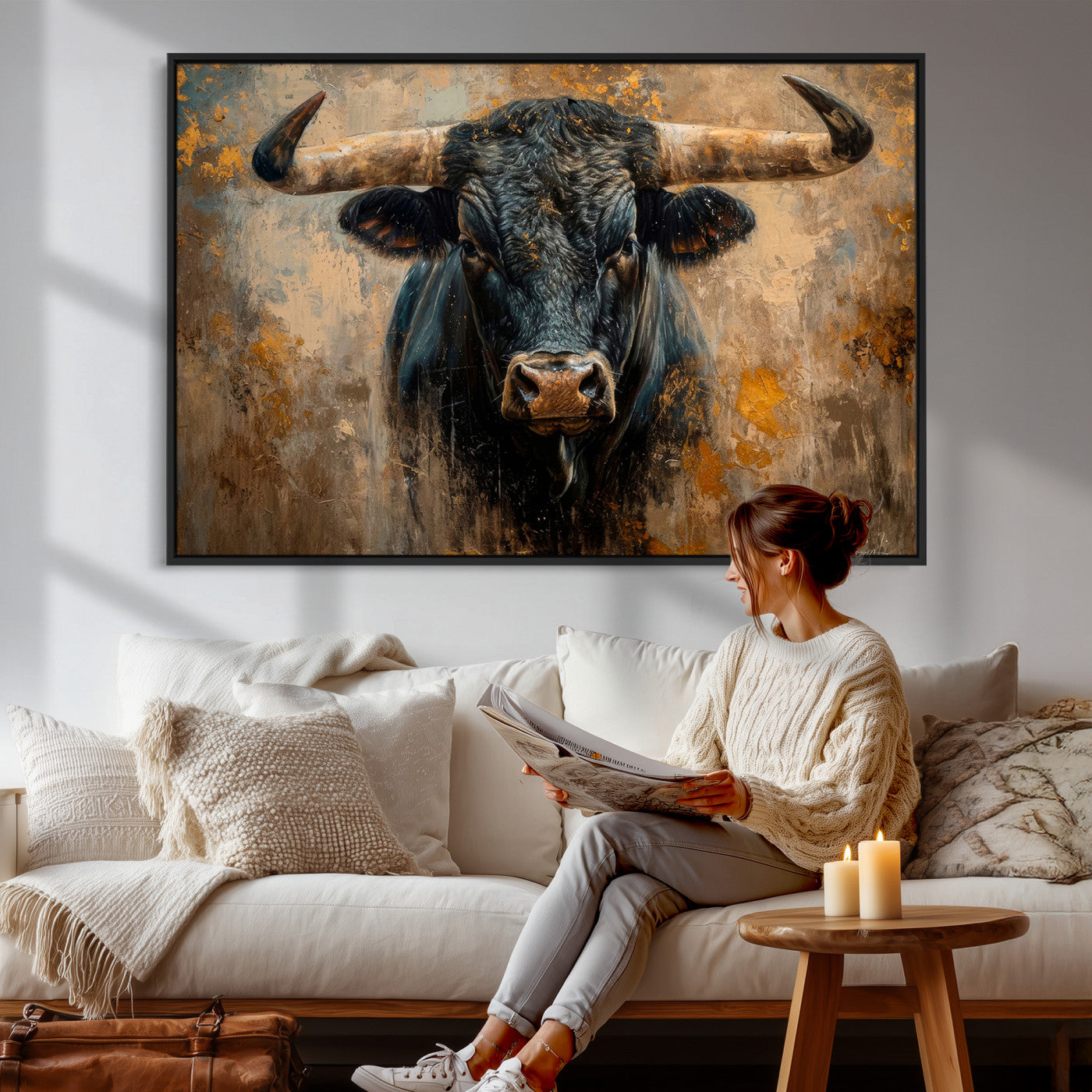 91615410-MGV-CV-36X24 - Abstract Texas Longhorn Bull Wall Art – Rustic Farmhouse Canvas Print, Western Cabin Style Decor, Large Animal Artwork for Living Room or Office