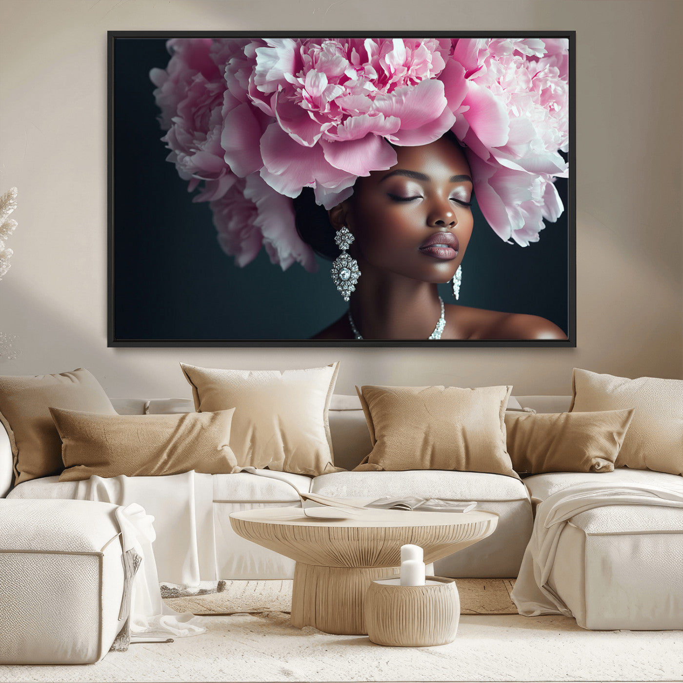 -Black Beauty Petal Crown Wall Art Canvas Print – Floral Petal Headpiece Elegant Design, Petal Inspired Artwork for Home, Office