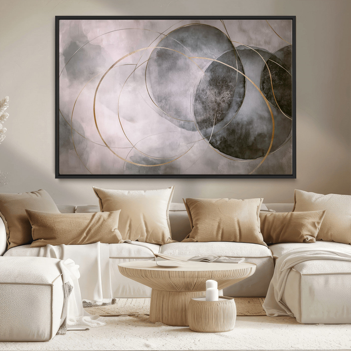 20066876-MGV-CV-36X24-Abstract Grey Gold Circle Wall Art – Modern Geometric Canvas Artwork, Minimal Elegant Design, Luxury Wall Decor for Home, Office