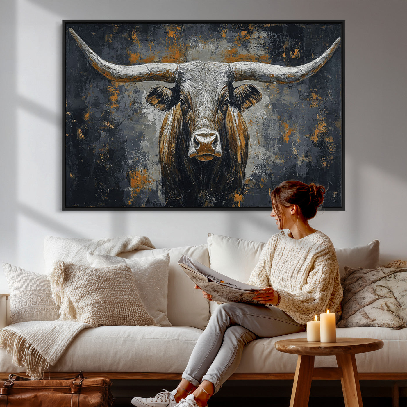 73972561-MGV-CV-36X24 - Bold Bull Wall Art Canvas – Striking Portrait with Wide Horns and Rich Brown Hues, Rustic Farmhouse and Western Decor for Home Room