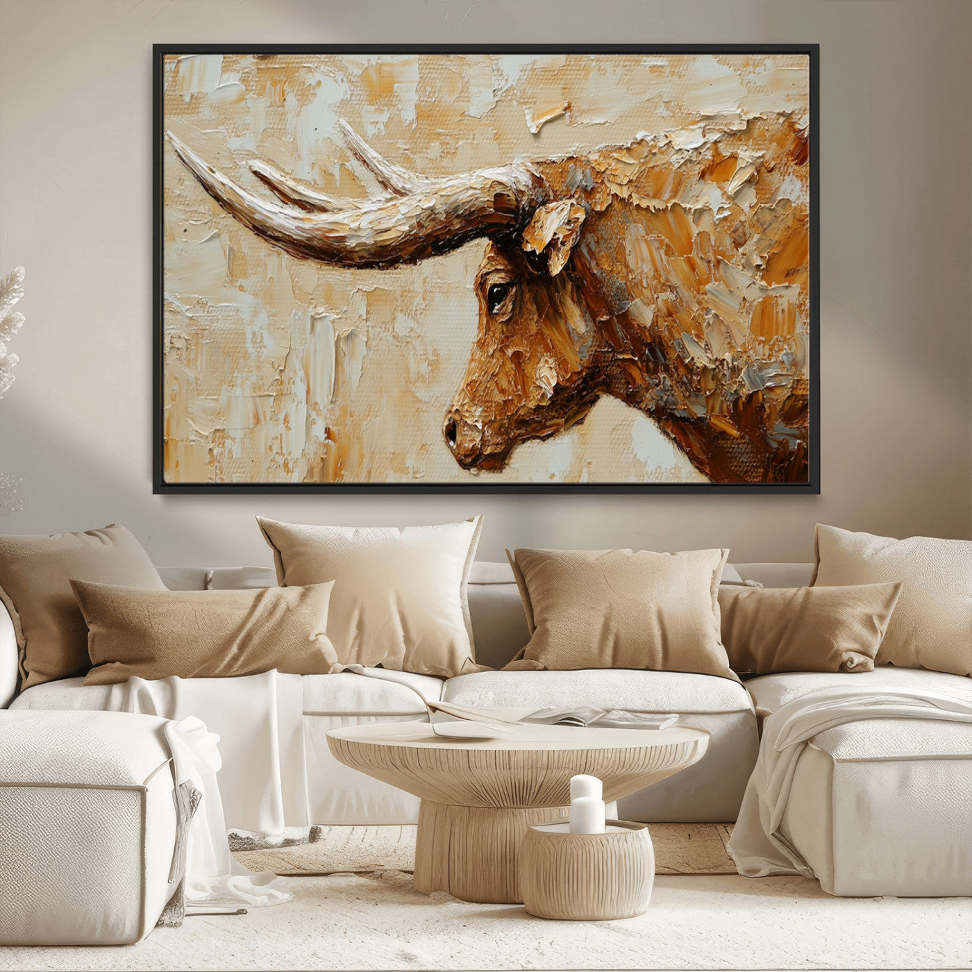 -Rustic Longhorn Bull Wall Art Canvas Print – Vintage Western Cattle Scene, Texas Steer Artwork for Home, Office