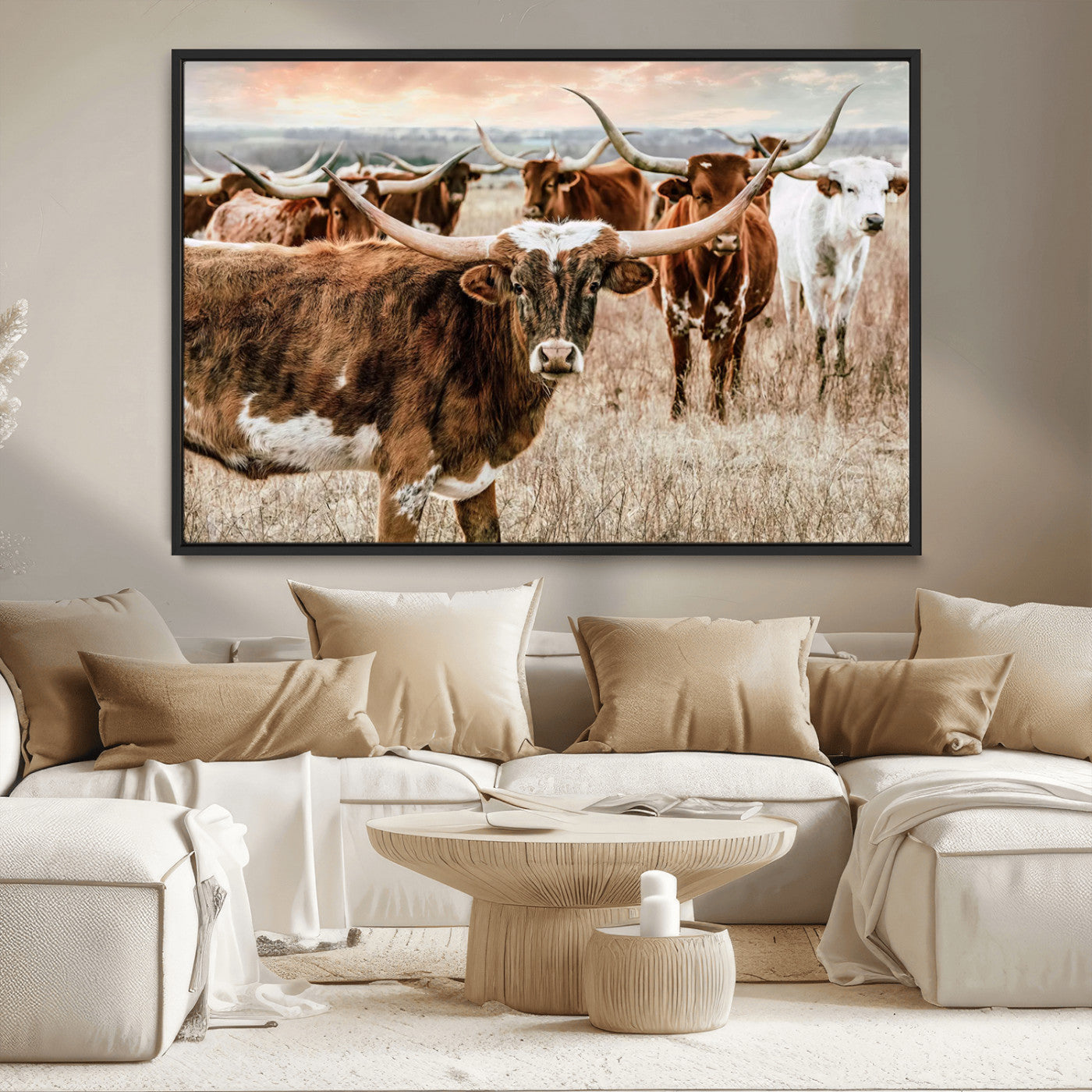 -Texas Longhorn Cattle Wall Art Canvas Print – Rustic Western Ranch Scene with Steers Sunset for Home, Office