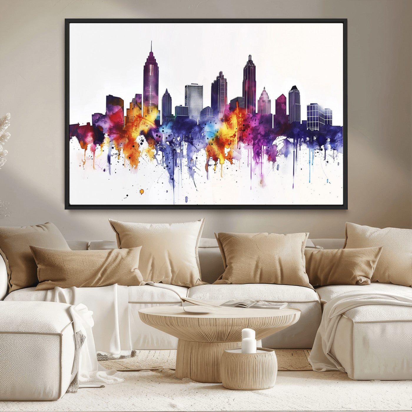 34479880-MGV-FC-36X24_Black-Atlanta Skyline Wall Art Canvas Print – Framed Colorful Watercolor Cityscape Artwork for Home, Office, Living Room