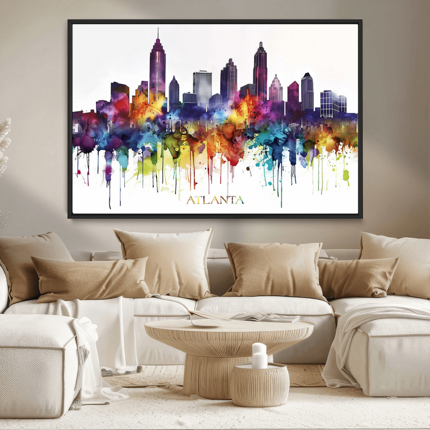 36048320-MGV-FC-36X24_Black-Atlanta Skyline Wall Art Canvas Print – Framed Colorful Watercolor Cityscape Abstract Urban Artwork for Home, Office
