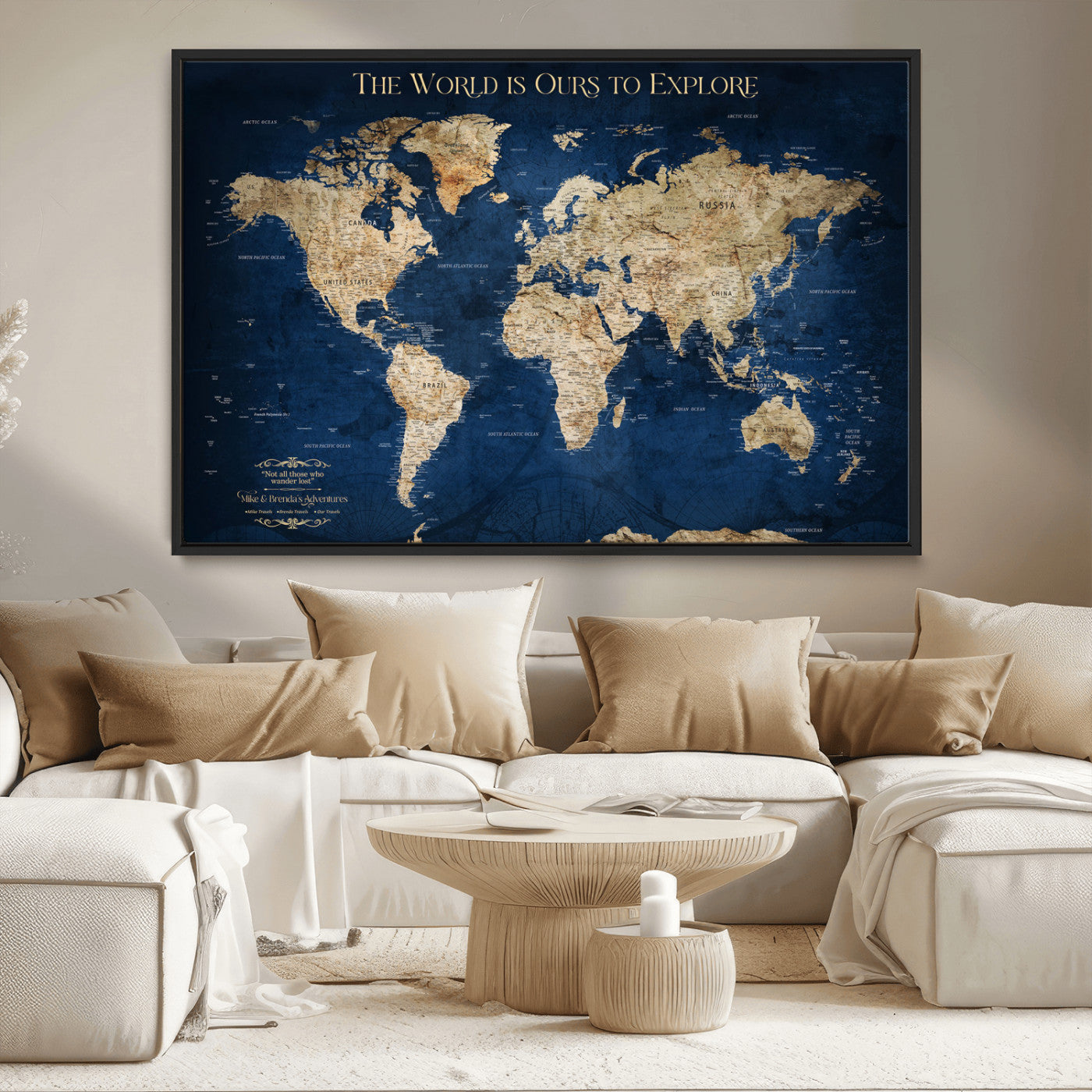-Personalized Push Pin World Map Canvas Print – Custom Travel Tracker Wall Art, Framed Adventure Map Gift for Couples