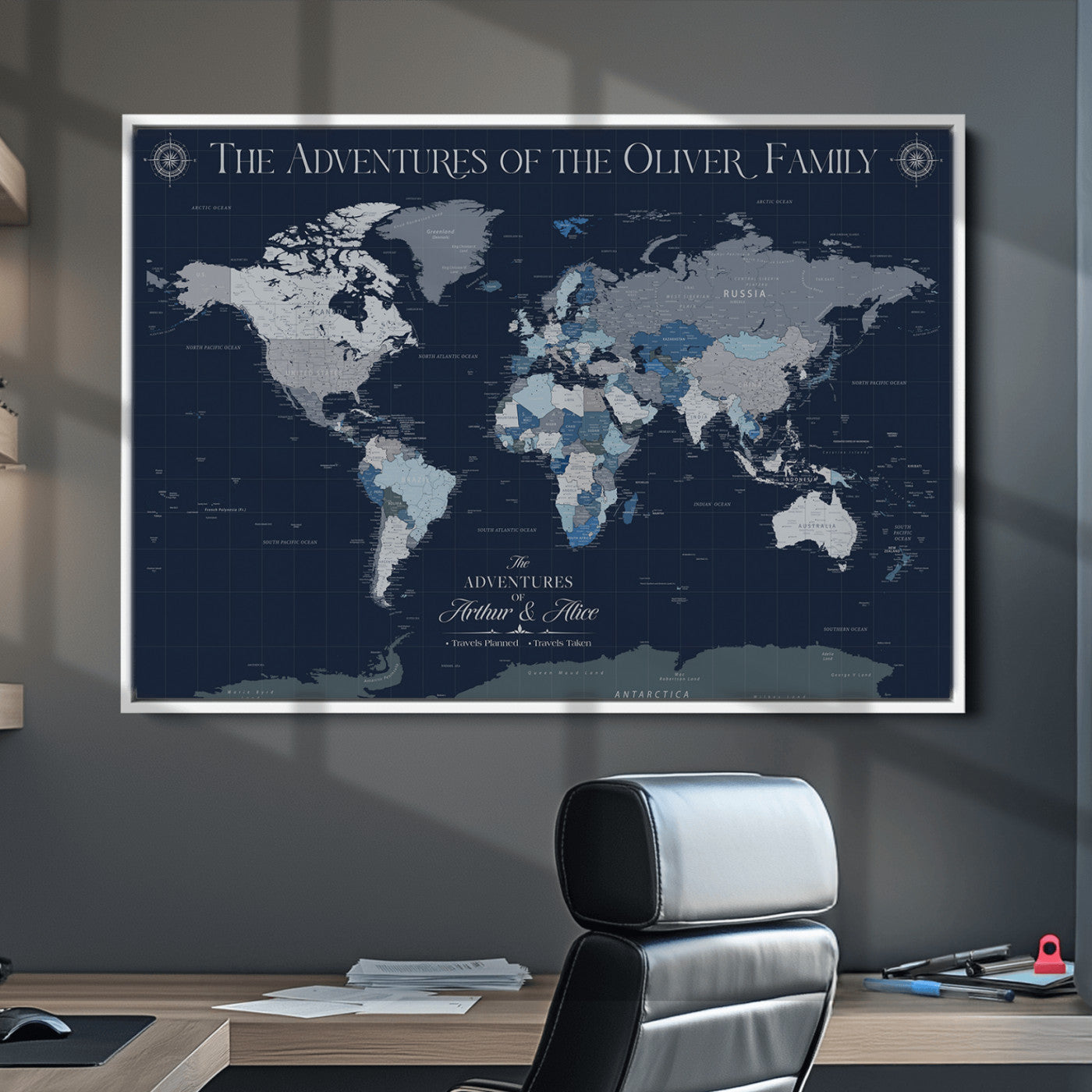 -Personalized Family Adventure World Map – Custom Framed Push Pin Travel Tracker Canvas, Elegant Wall Art for Home, Office