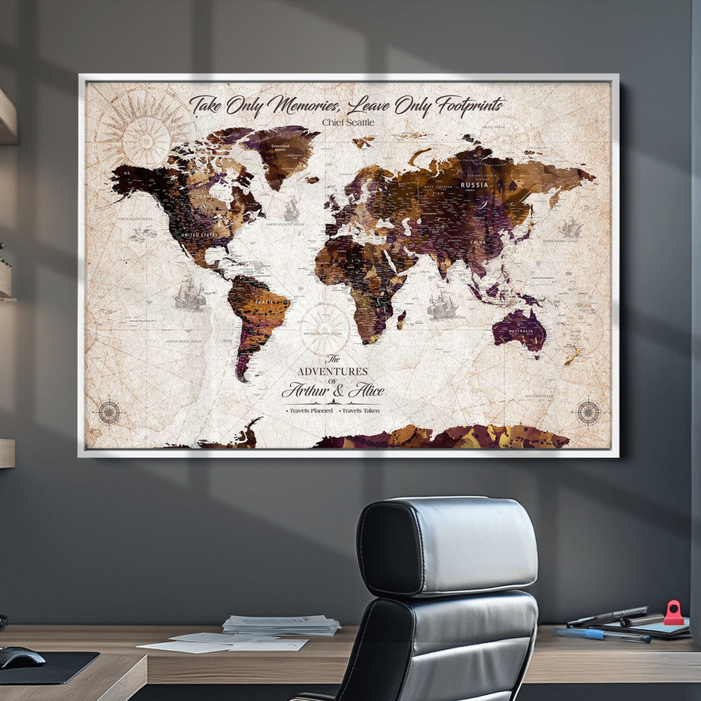 -Personalized World Map Canvas – Custom Framed Push Pin Travel Tracker, Elegant Wall Art Gift for Couples for Home, Office