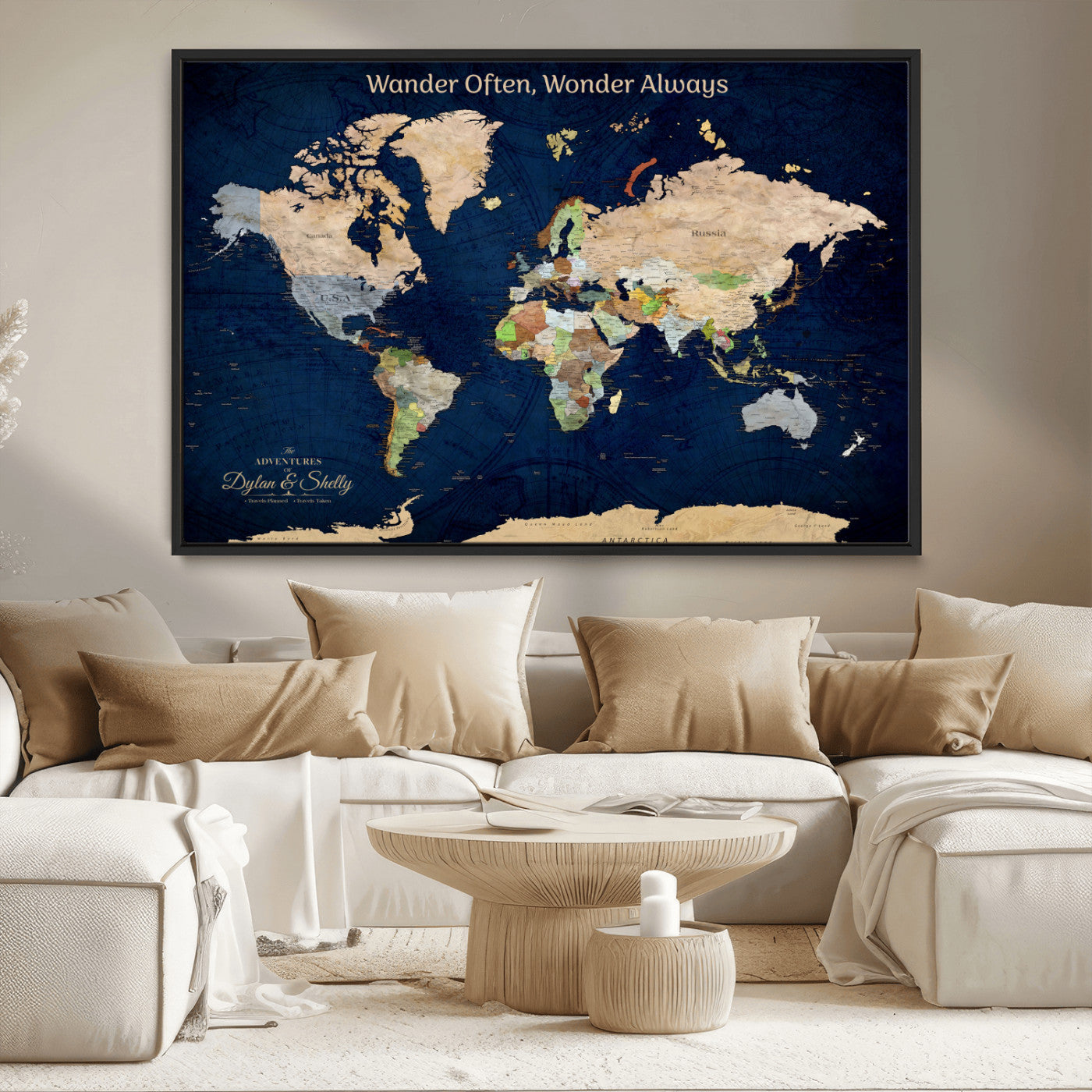 Rehber01-MGV-CV-36X24-Personalized World Map Canvas – Custom Framed Push Pin Travel Map Wall Art, Navy Blue Vintage Gift for Couples and Adventurers