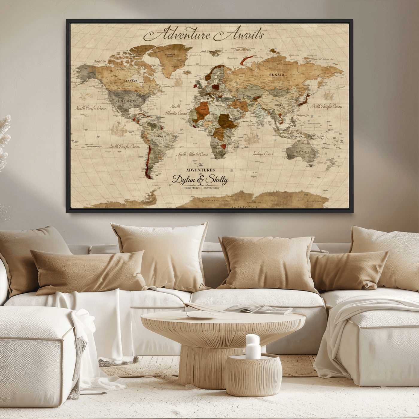 Rehber01-MGV-CV-36X24-Personalized World Map Canvas – Custom Framed Push Pin Travel Map Wall Art with Names, Vintage Style Gift for Couples