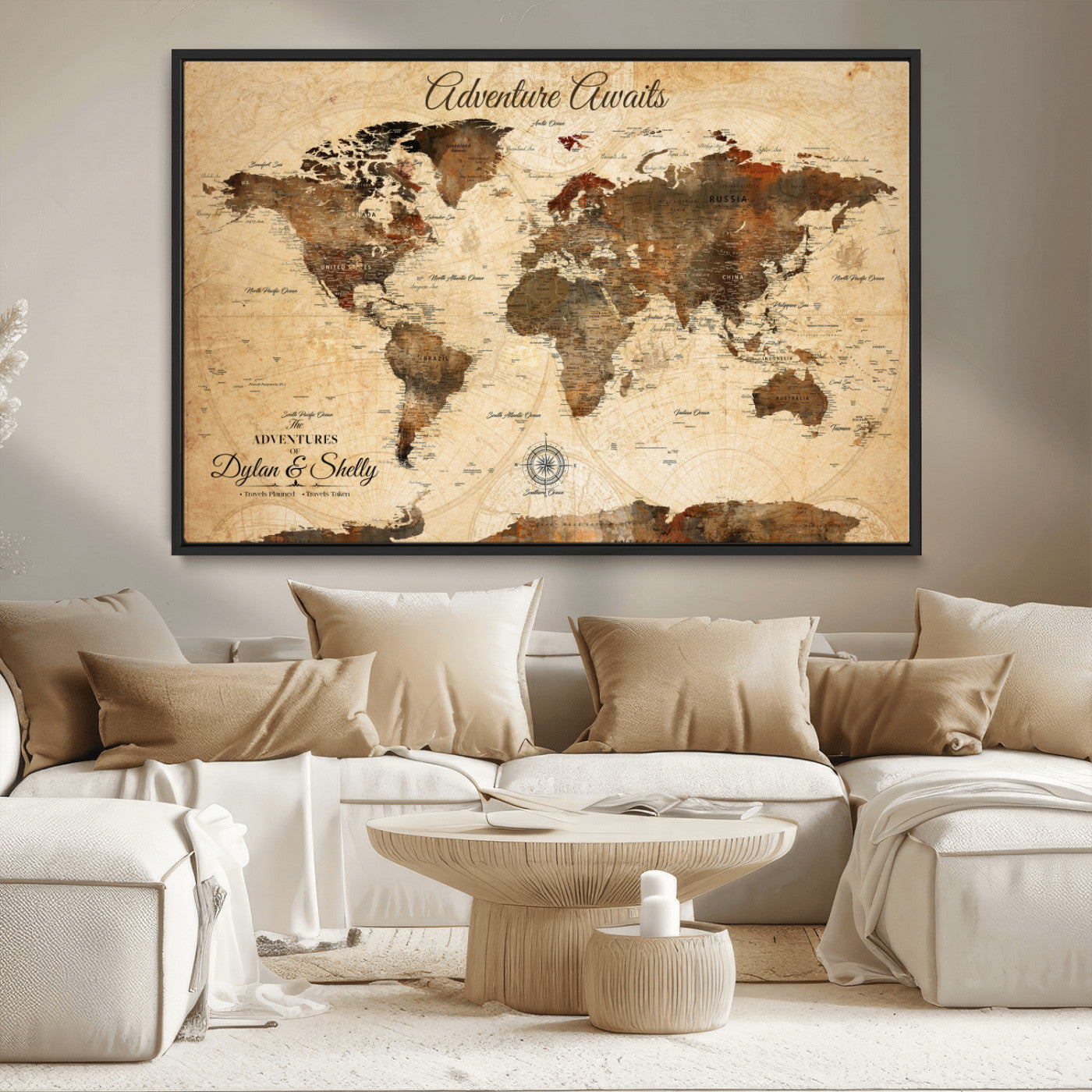 Rehber01-MGV-CV-36X24-Personalized World Map Canvas Wall Art – Custom Framed Push Pin Travel Tracker Print, Unique Gift for Home or Office Decor