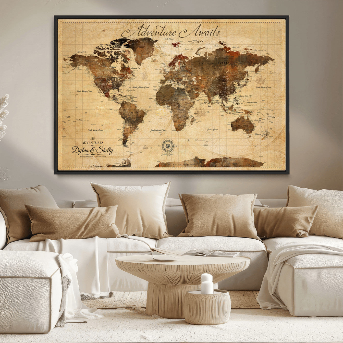 Rehber01-MGV-CV-36X24-Personalized World Map Canvas Wall Art – Custom Framed Push Pin Travel Tracker Print, Unique Gift for Home or Office Decor