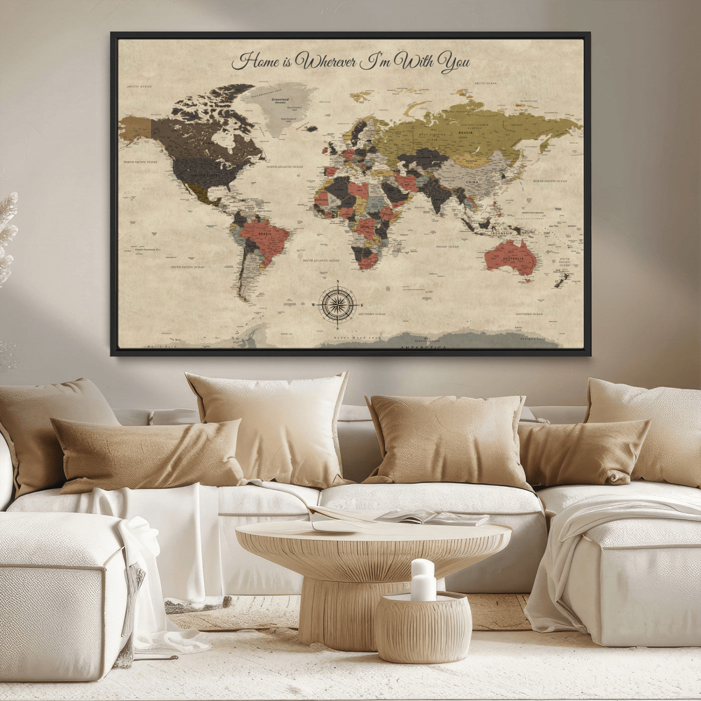 -Personalized World Map Wall Art Canvas Print – Customizable Push Pin Framed Travel Map Artwork for Home Office