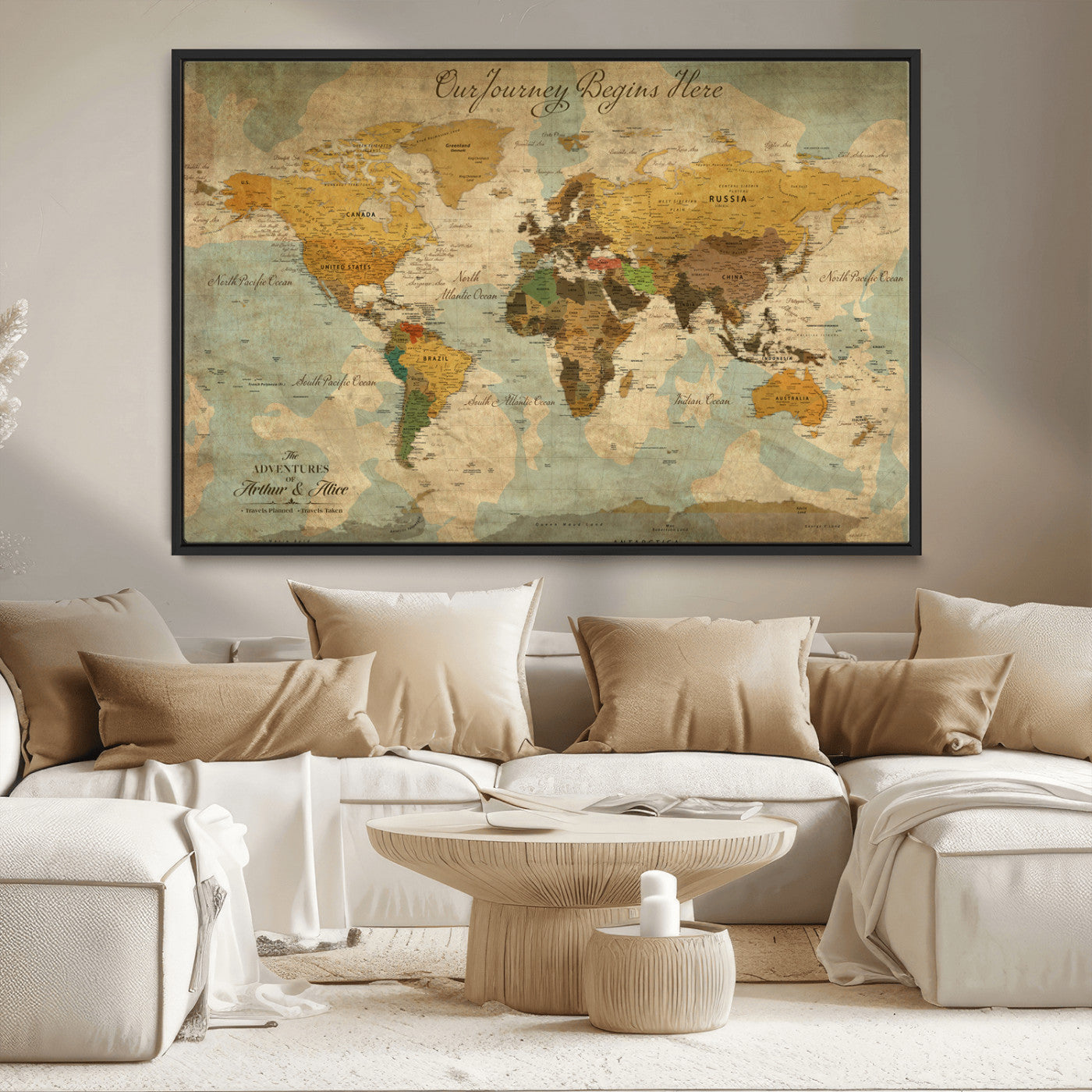 Rehber01-MGV-CV-36X24-Personalized World Map Canvas Wall Art – Custom Framed Push Pin Travel Tracker Print, Unique Gift for Home or Office Decor