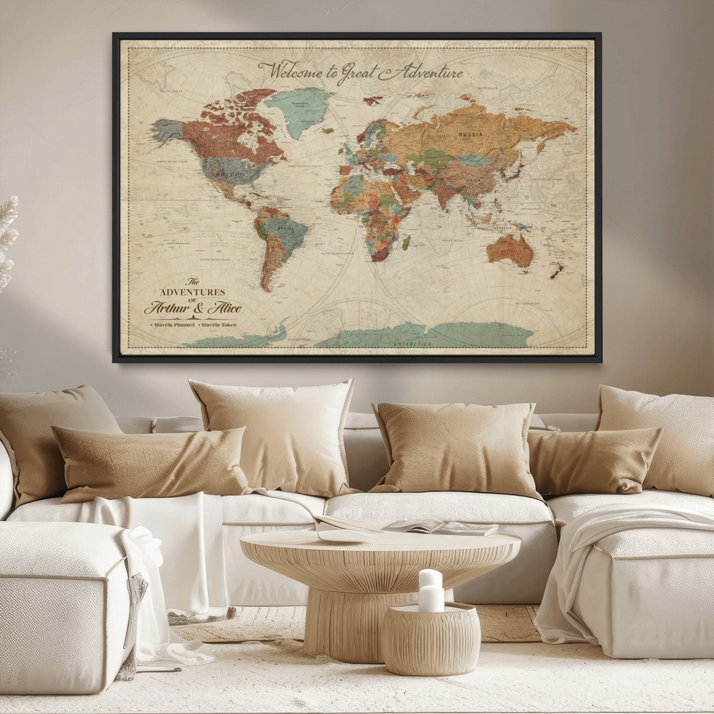 -Personalized World Map Canvas Wall Art – Custom Framed Push Pin Travel Tracker Print, Unique Gift for Home or Office Decor