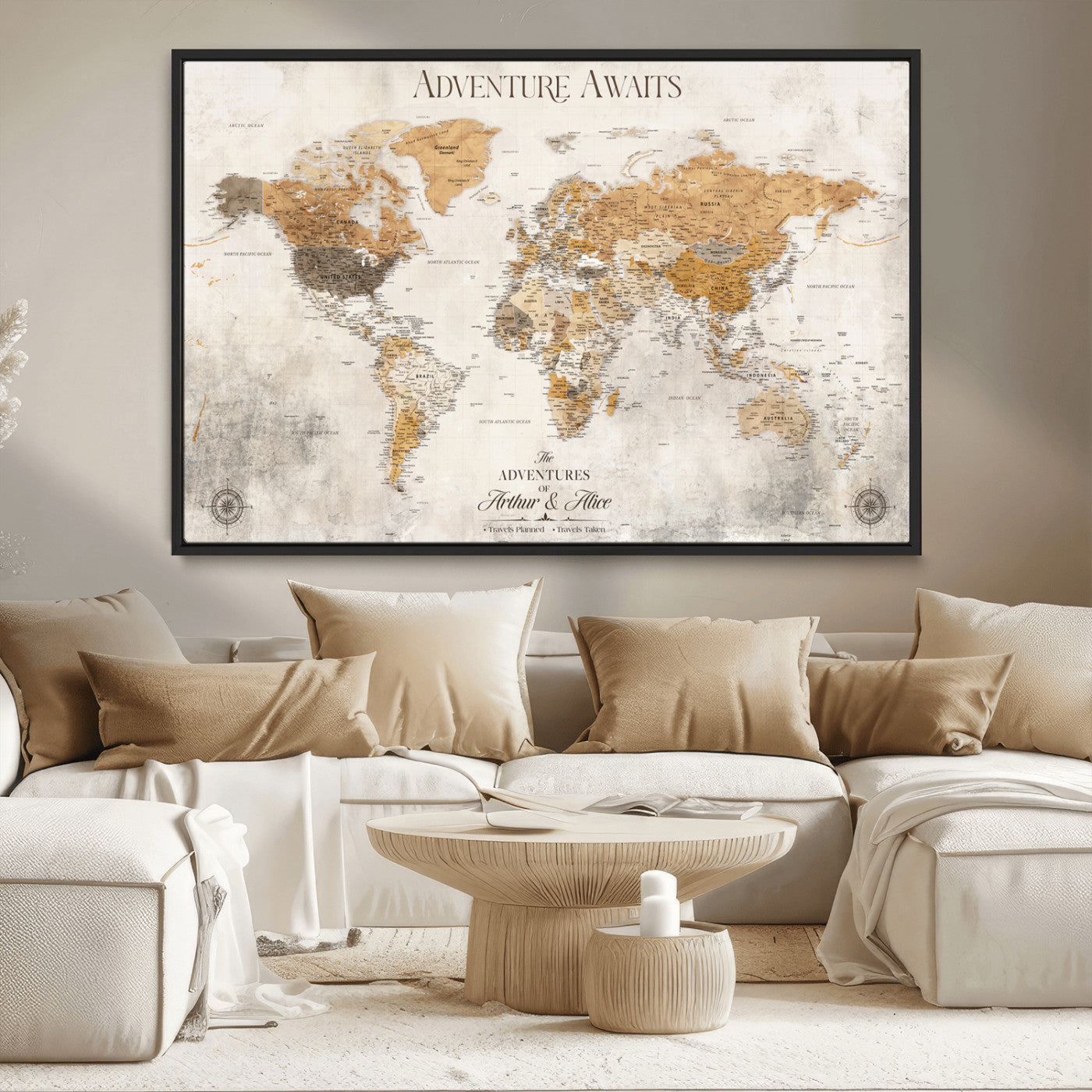 Rehber01-MGV-CV-36X24-Personalized World Map Canvas Print – Custom Push Pin Travel Map Vintage Neutral Style Gift for Couples Travelers for Home Office