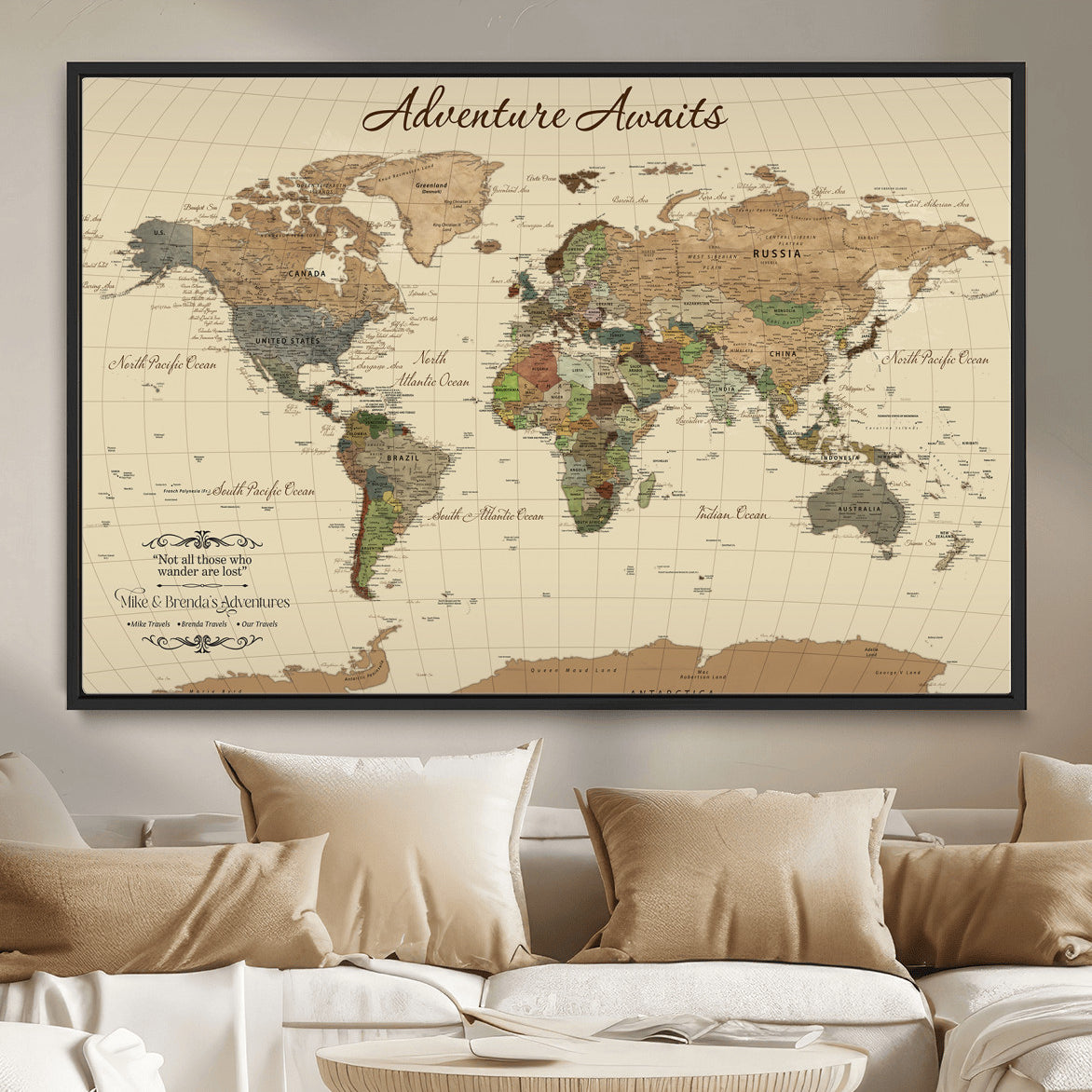 31875069-MGV-FC-36X24 - Customizable Push Pin World Map Wall Canvas Print – Personalize Travel Tracker with Pins – Framed Custom Quotie Canvas for Home Office Decor