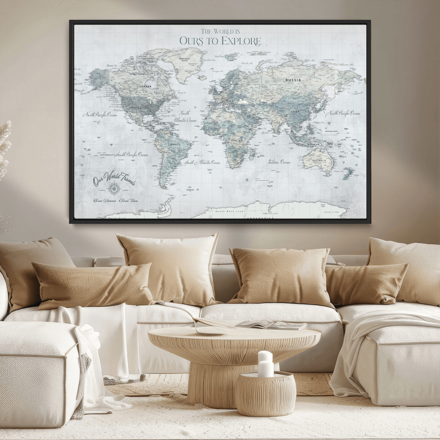 Rehber01-MGV-CV-36X24-Personalized Push Pin World Map Canvas Print – Custom Framed Travel Tracker Wall Art Large Map Artwork for Home, Office