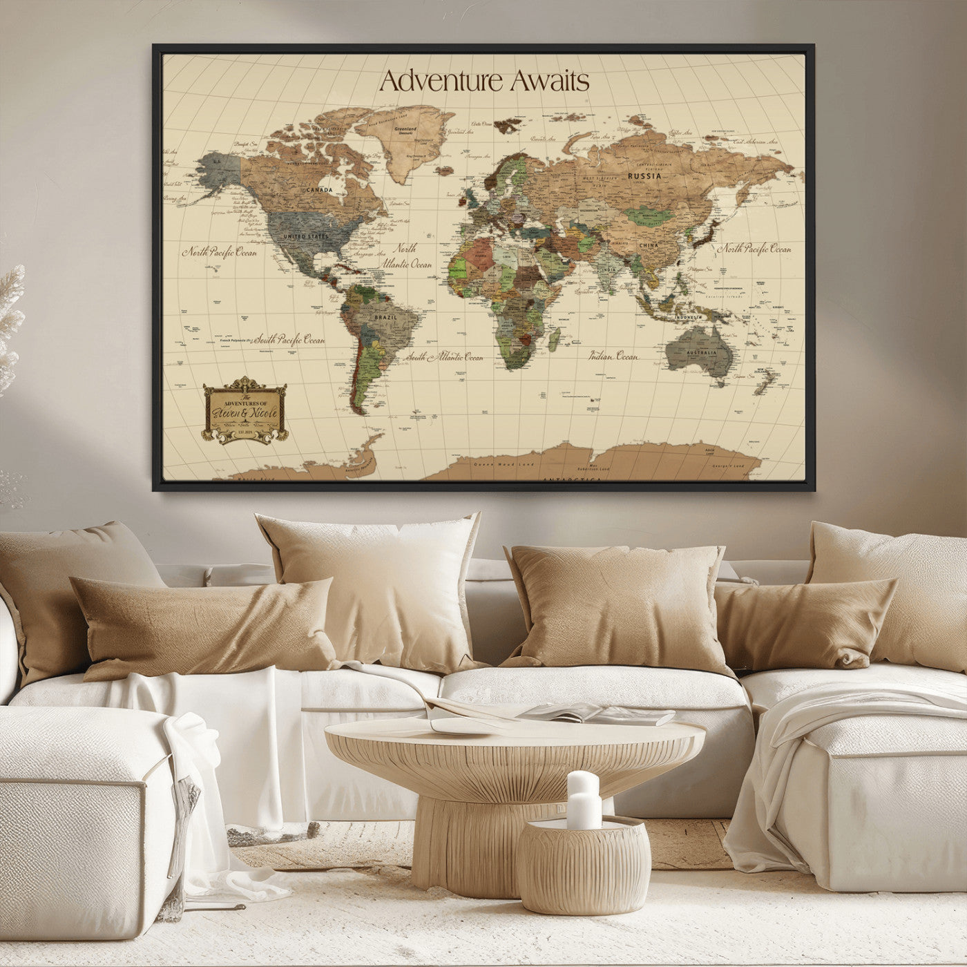 Rehber01-MGV-CV-36X24-Custom Push Pin World Map Wall Art Canvas Print – Personalized Travel Tracker Adventure Destination Gift for Home Office
