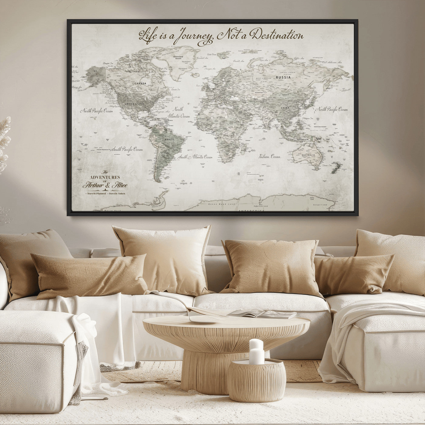 11398637-MGV-CV-36X24-Personalized Vintage World Map Canvas Print – Framed Push Pin Travel Tracker Neutral Elegant Artwork for Home, Office