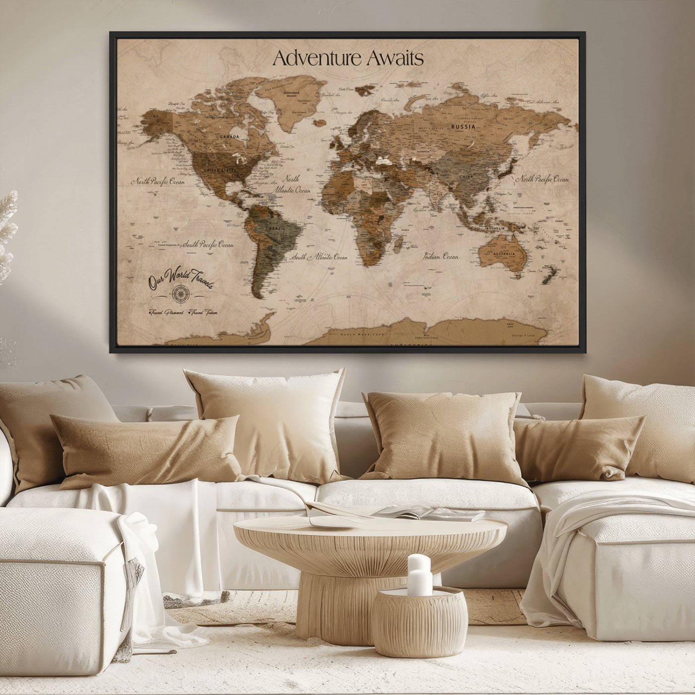 -Personalized Push Pin World Map Canvas Print – Custom Framed Travel Tracker Large Adventure Map Artwork for Home Office