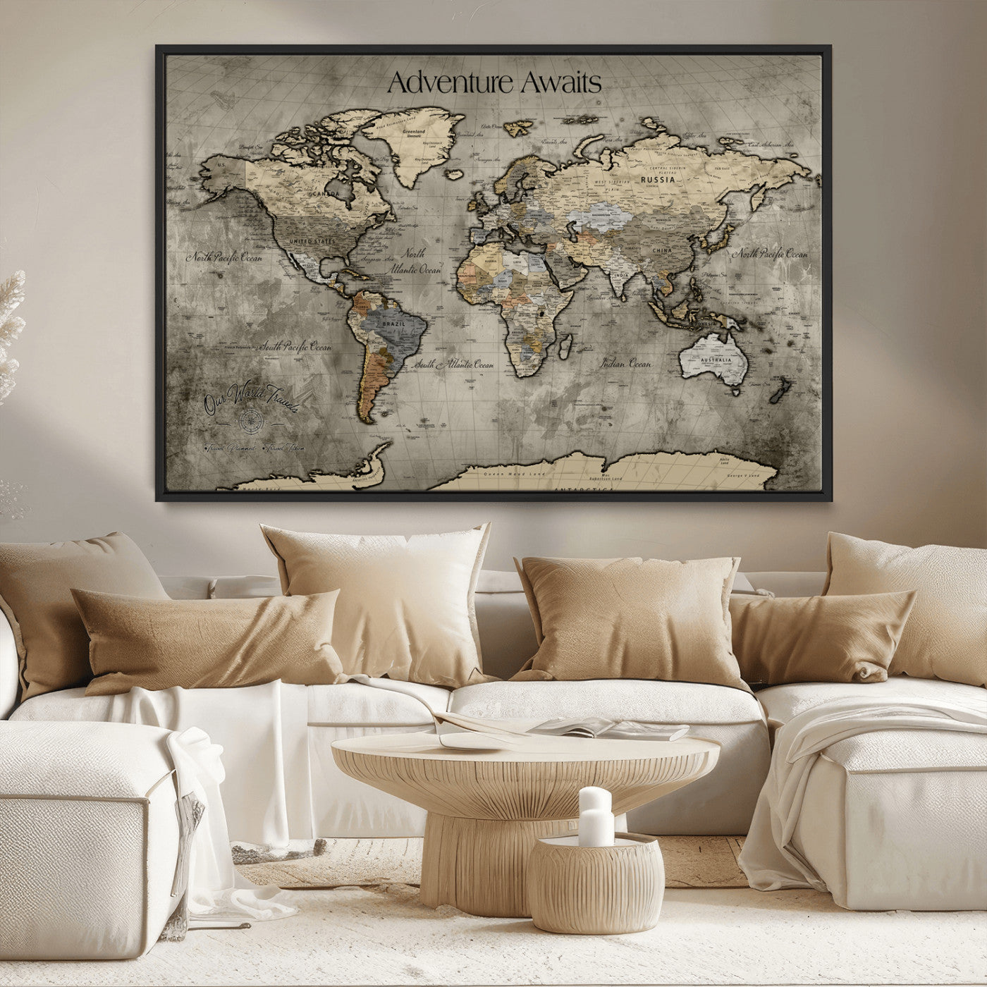 -Tree Rings Wall Art Canvas Print, Framed Wood Texture Art Picture Print, Blue Grain Perfect Rustic