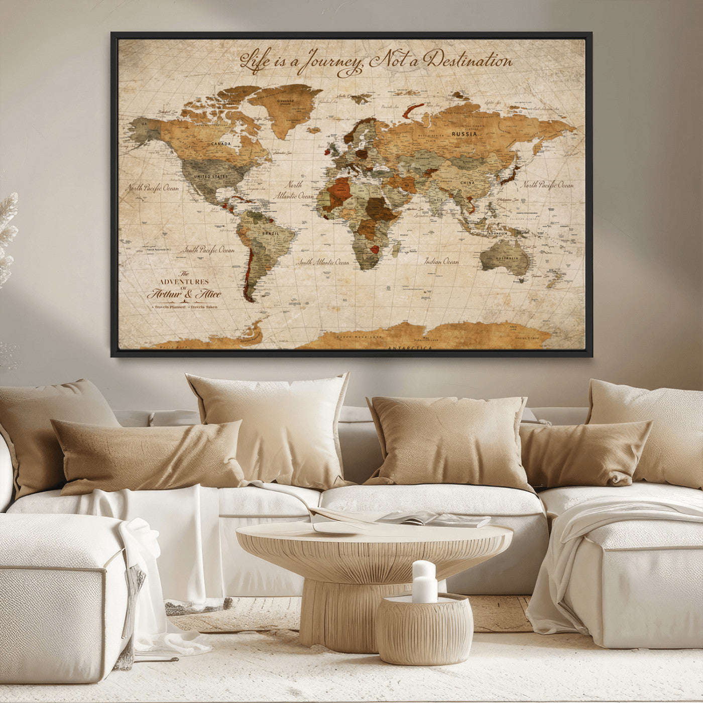 Rehber01-MGV-CV-36X24-Personalized Vintage World Map Canvas – Custom Framed Push Pin Travel Map Wall Art, Rustic Gift for Couples and Travel Lovers
