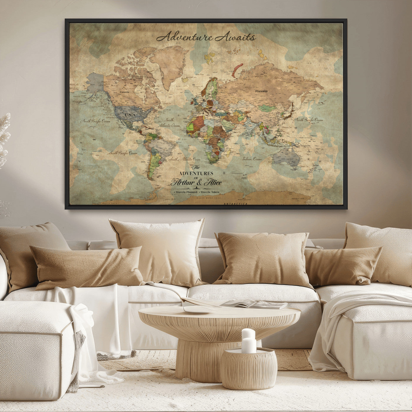 Rehber01-MGV-CV-36X24-Personalized Vintage World Map Canvas Print – Custom Push Pin Travel Map Antique Style Gift for Couples Travelers for Home Office