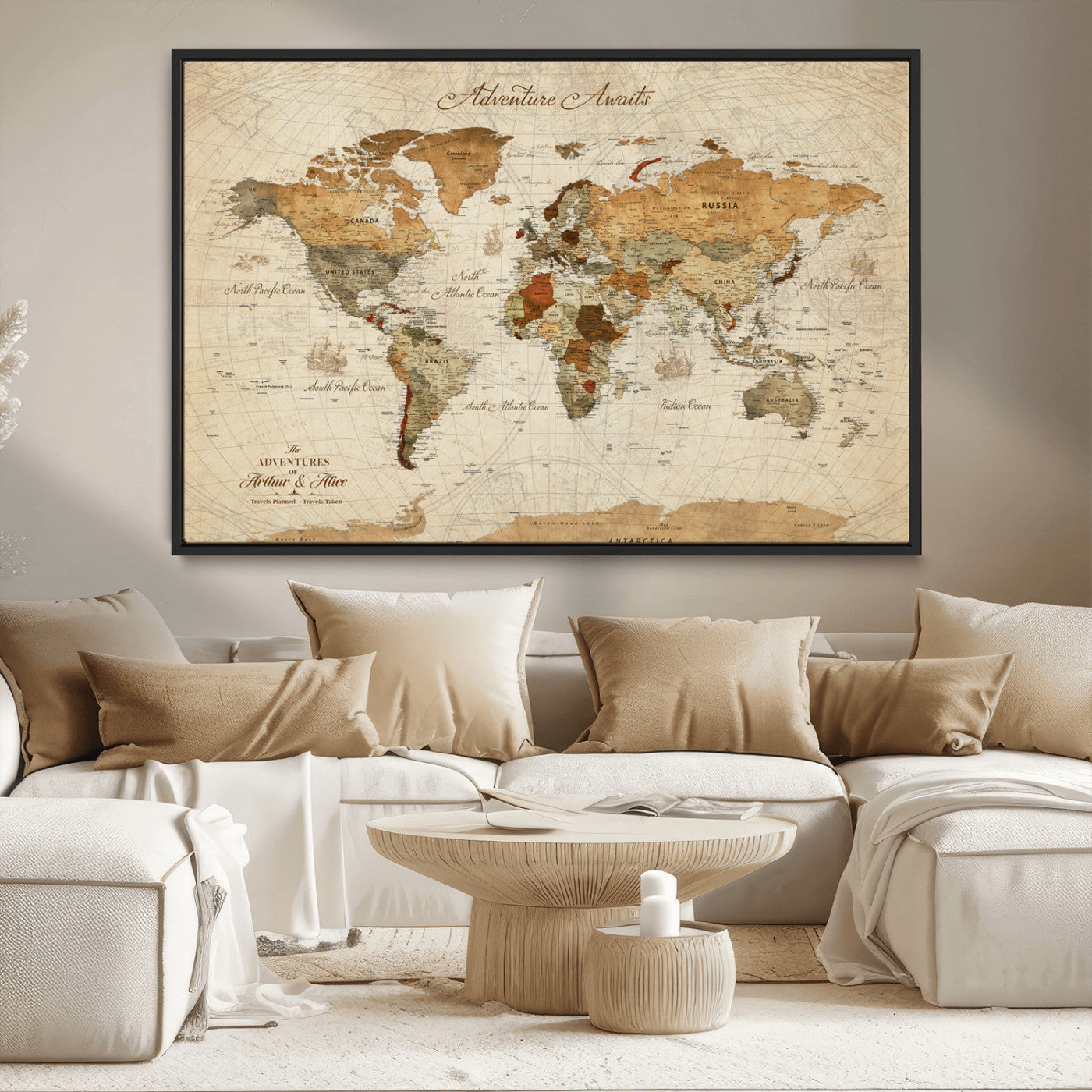 Rehber01-MGV-CV-36X24-Customizable Framed World Map Canvas Print – Personalized Push Pin Travel Map Gift for Couples Explorers for Home, Office