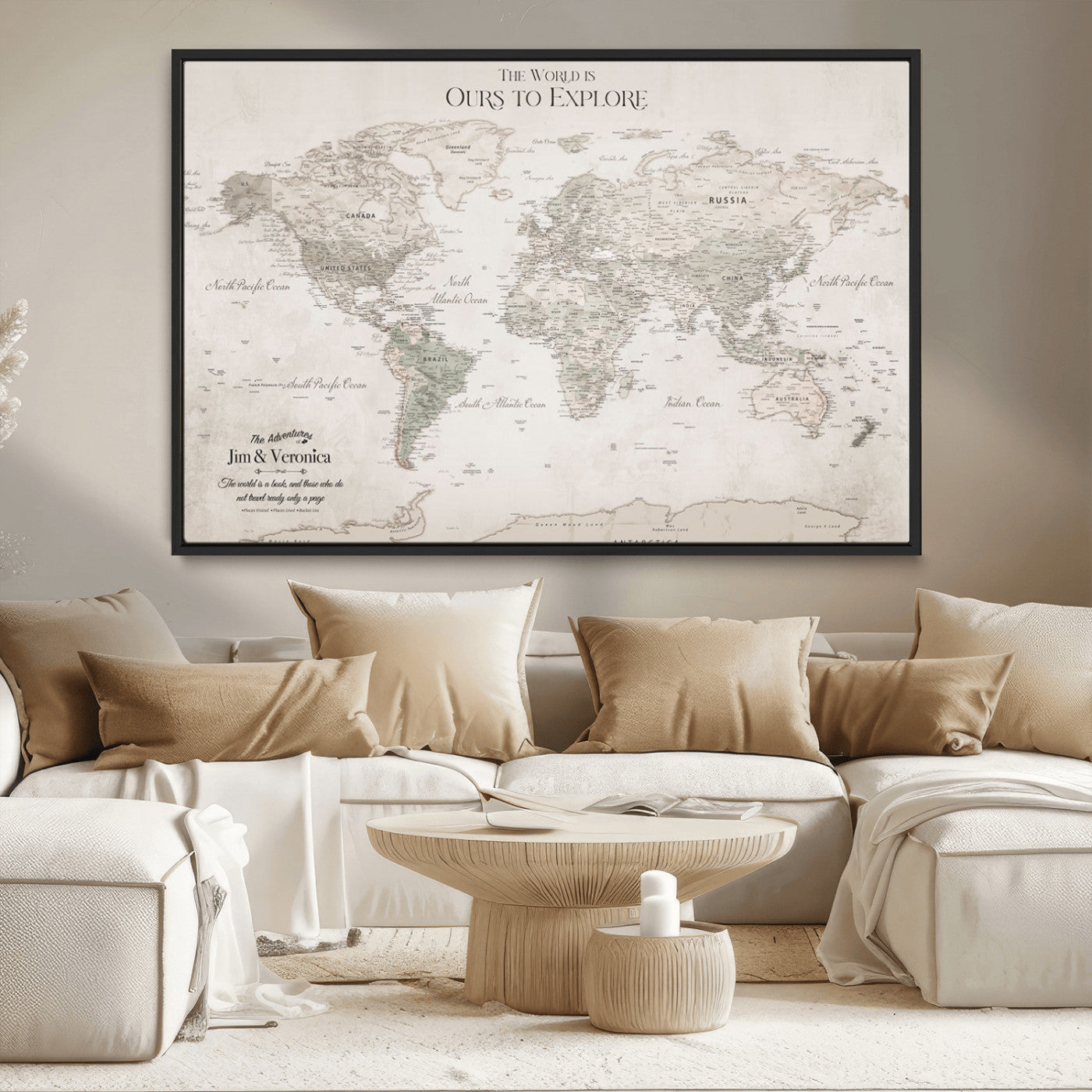 -Personalized Push Pin World Map Wall Art Canvas Print – Custom Framed Travel Tracker Gift for Couples or Family for home, office