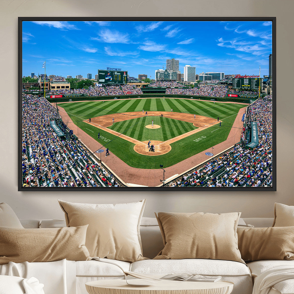 35800083-MGV-FC-36X24 - Wrigley Field Baseball Stadium Canvas Wall Art – Packed Crowd Sports Stadium City Skyline Artwork for Home Office