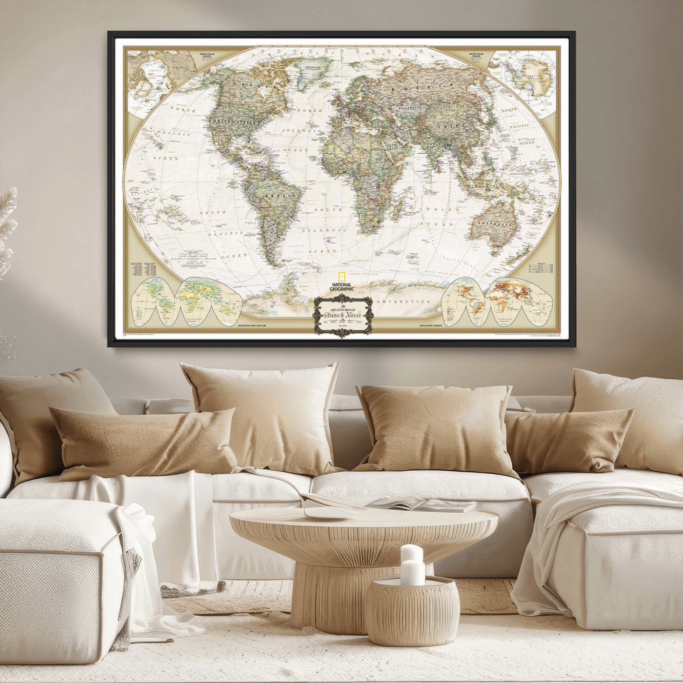 -World Map Wall Art Canvas – National Geographic Style Framed Map Print, Elegant Educational Wall Decor for Home, Office