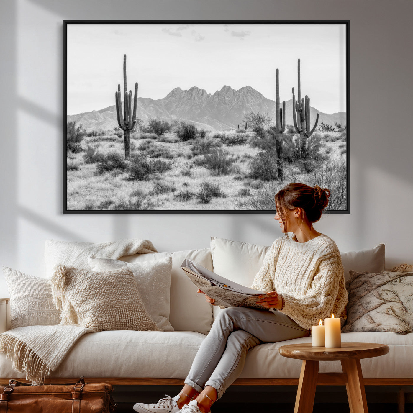 97436PHN-MGV-CV-36X24 - Black White Arizona Desert Canvas Wall Art Cactus Farmhouse Wall Art