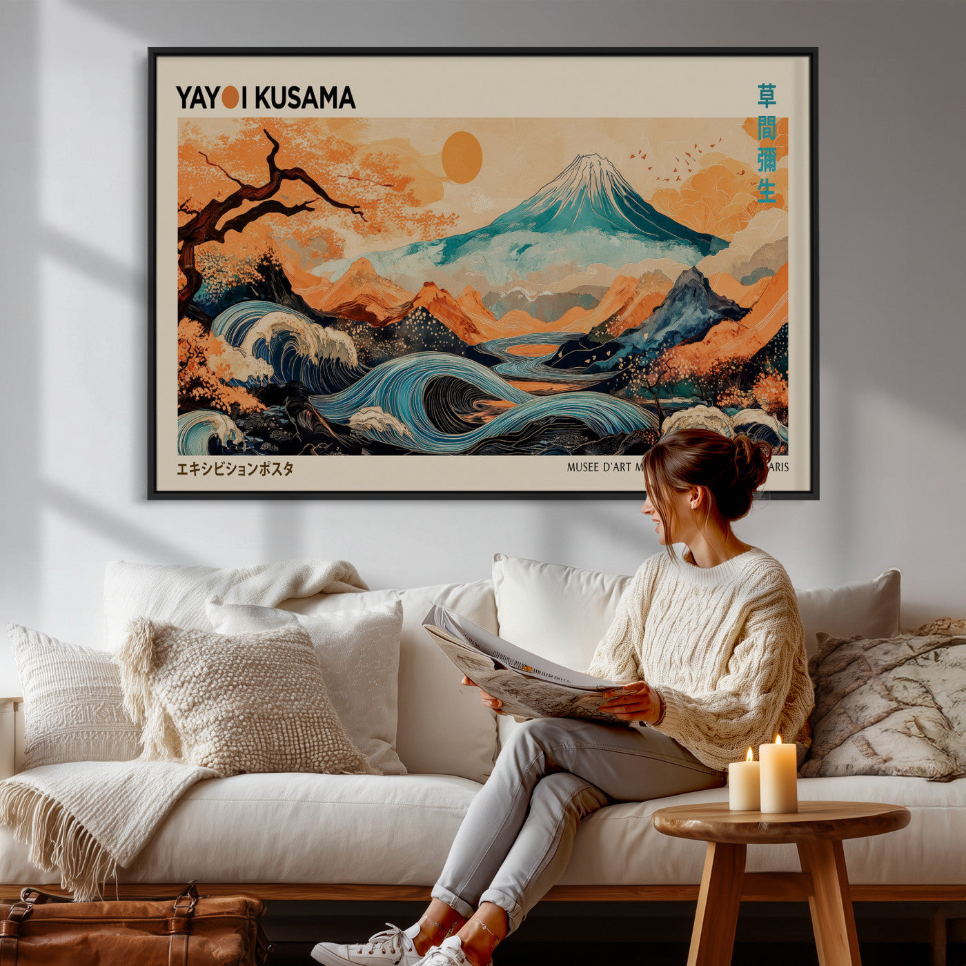 94085549-MGV-CV-36X24 - Yayoi Kusama Japanese Landscape Wall Art Canvas Print – Modern Abstract Mount Fuji Wall Art - Japanese Waves & Autumn Trees Print
