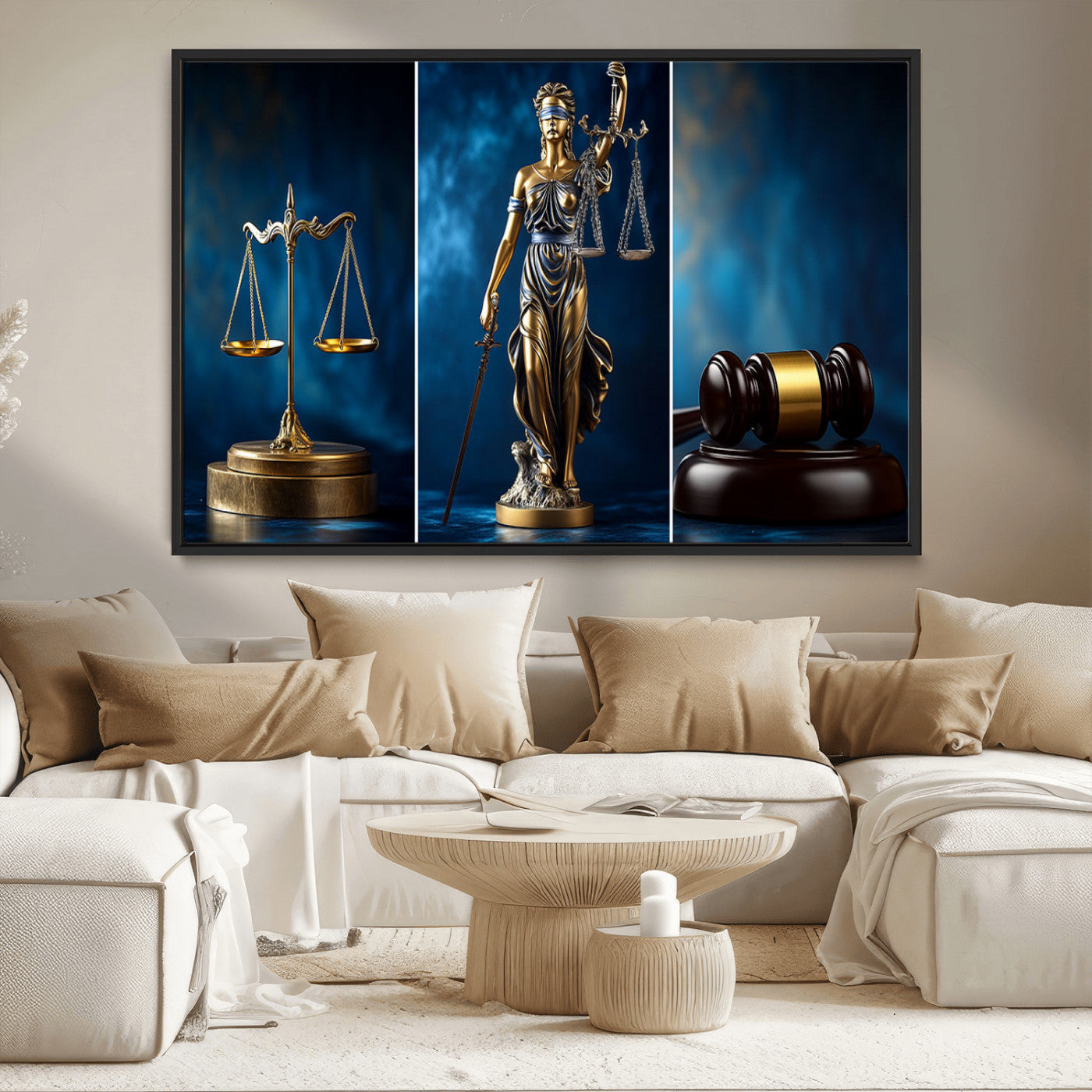 87750525-MGV-CV-36X24-Justice Scales Statue Wall Art, Lady Justice Sculpture Canvas Print, Legal Law Decor, Courtroom