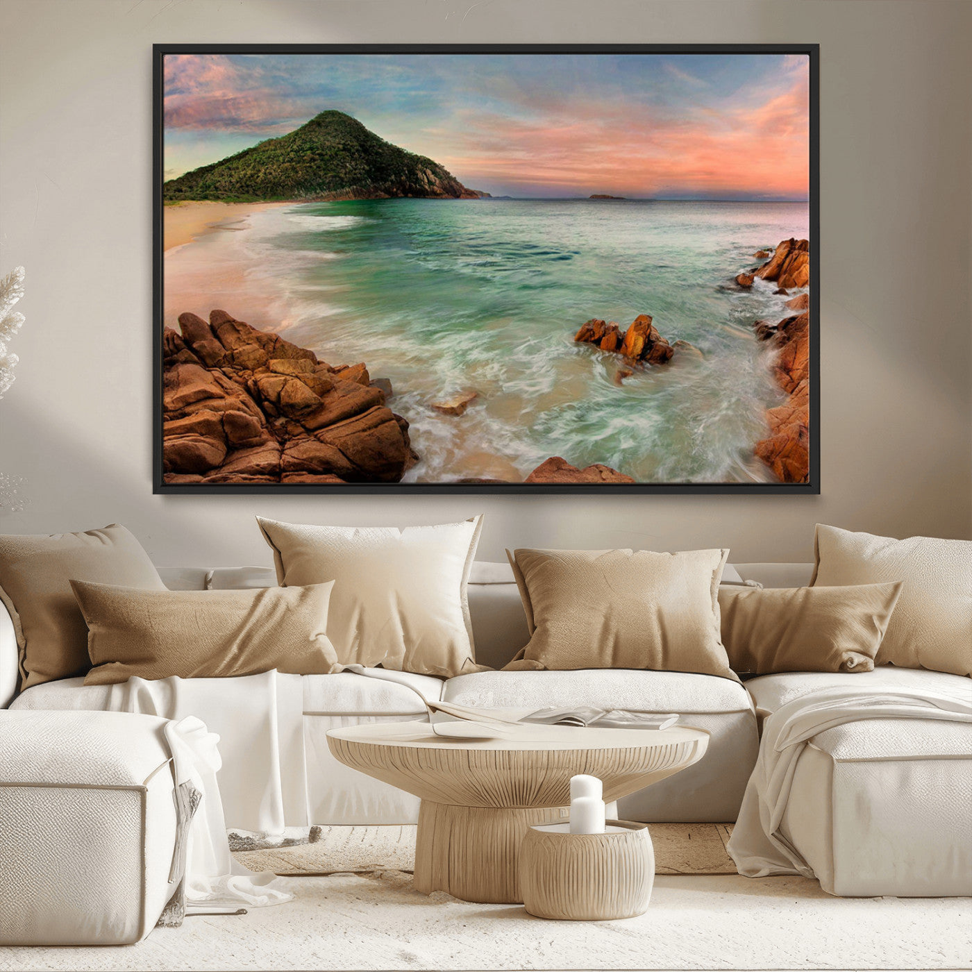 -Coastal Landscape Wall Art Canvas Print – Rocky Shore and Green Hills at Sunset Beautiful Ocean View Artwork for Home, Office