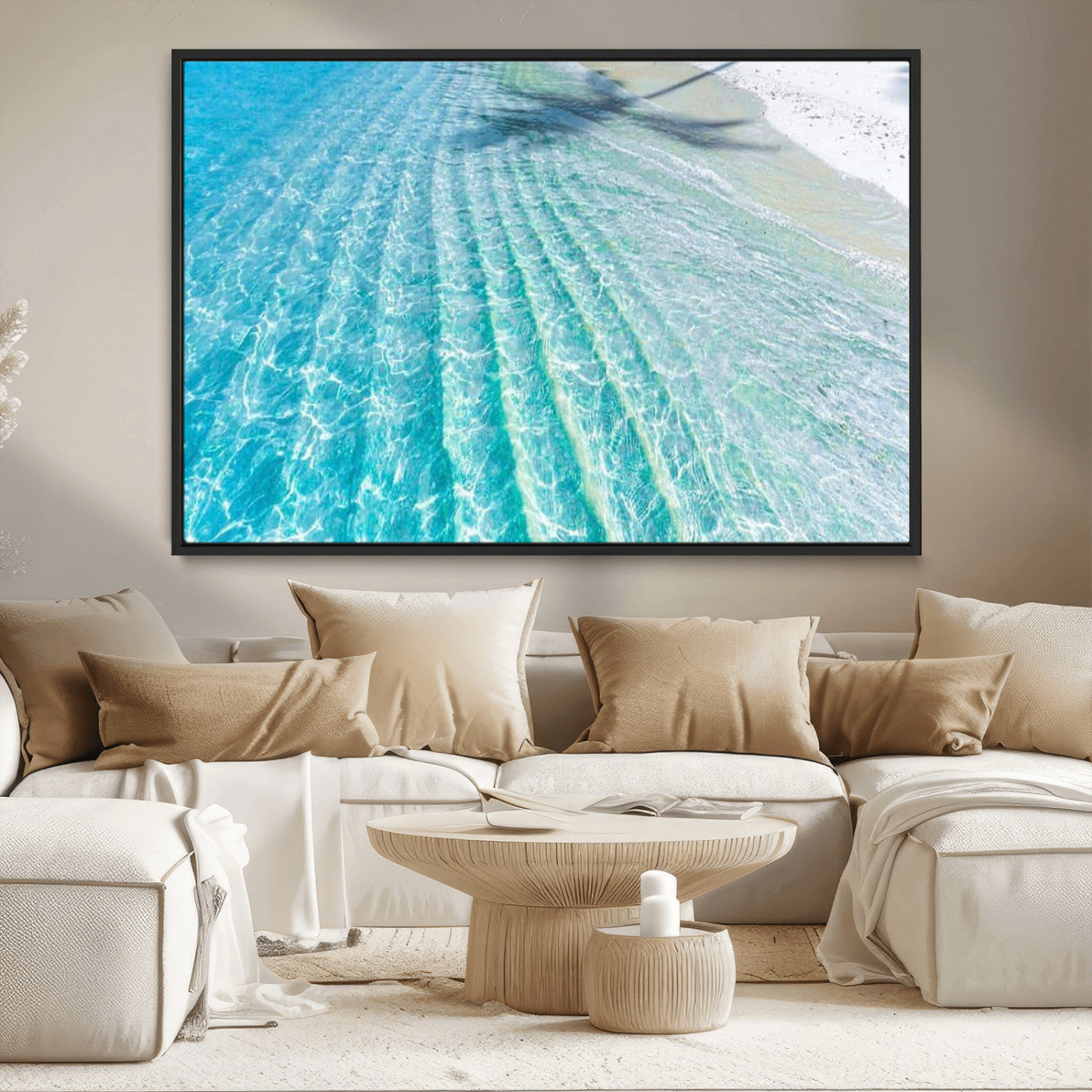 -Crystal Clear Ocean Wall Art Canvas Print – Sunlight Reflections and Palm Tree Shadow on Sandy Beach Artwork for Home, Office