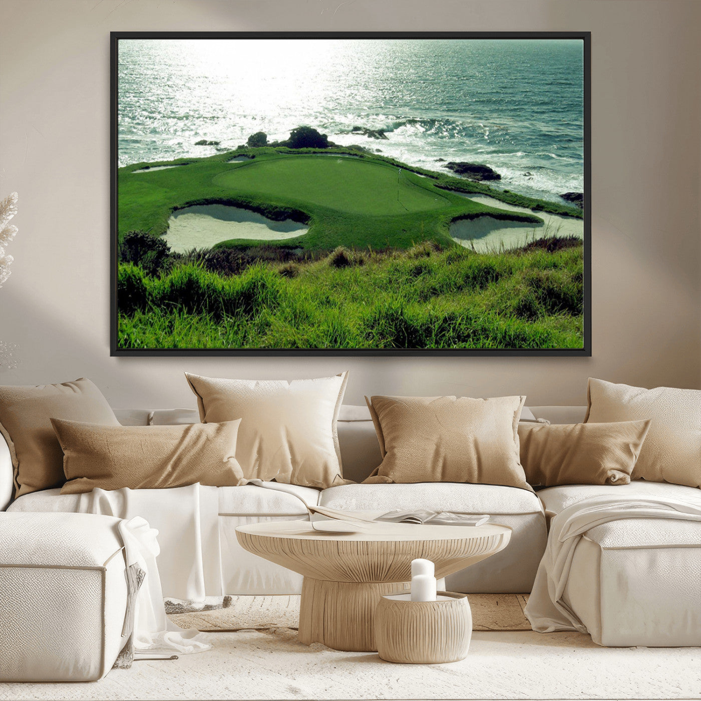 -Coastal Golf Course Wall Art Canvas Print – Scenic Green Surrounded by Sand Bunkers and Ocean Waves Artwork for Home, Office