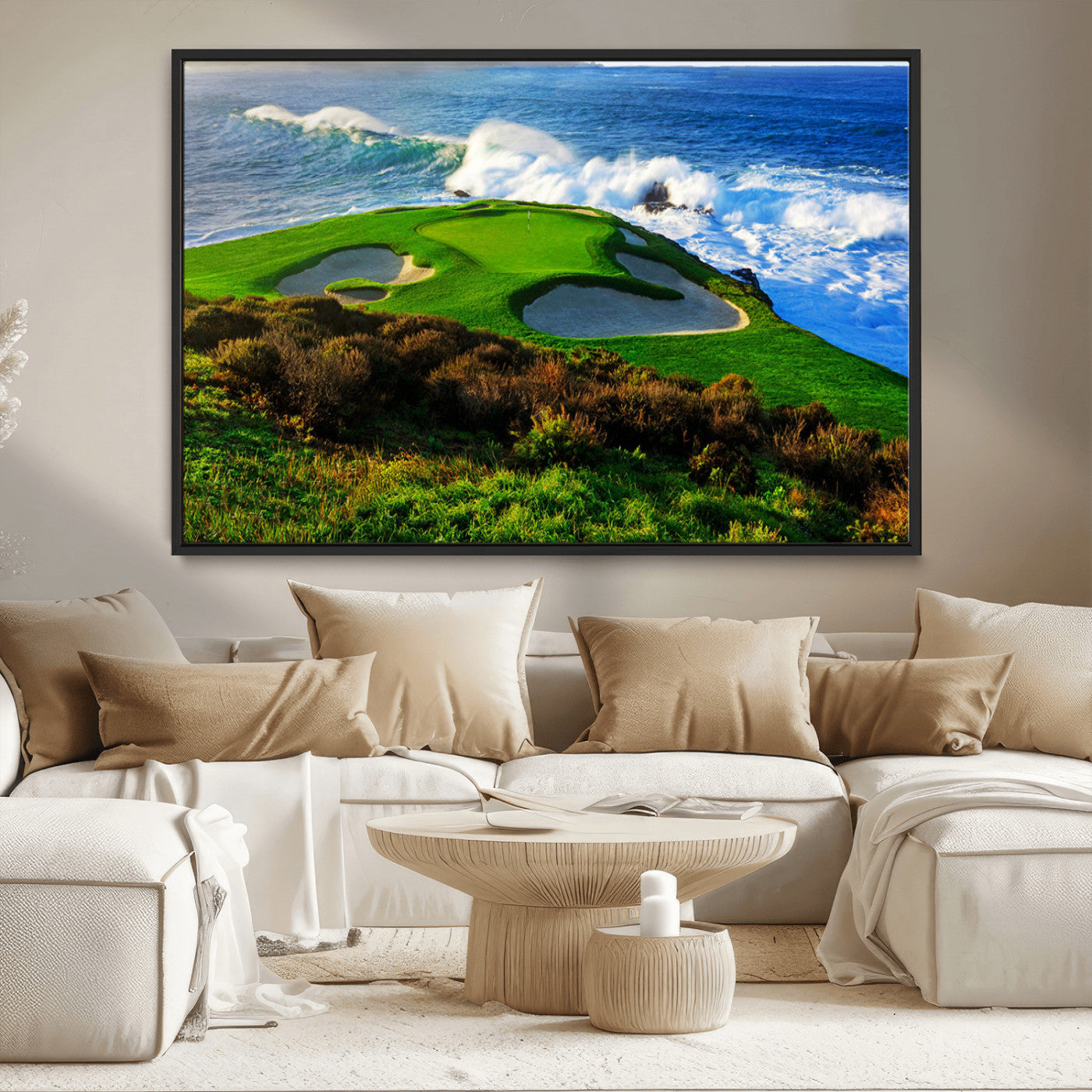 34181847-MGV-CV-36X24-Coastal Golf Course Wall Art Canvas Print – Vibrant Green with Sand Bunkers Overlooking Ocean Waves Artwork for Home, Office