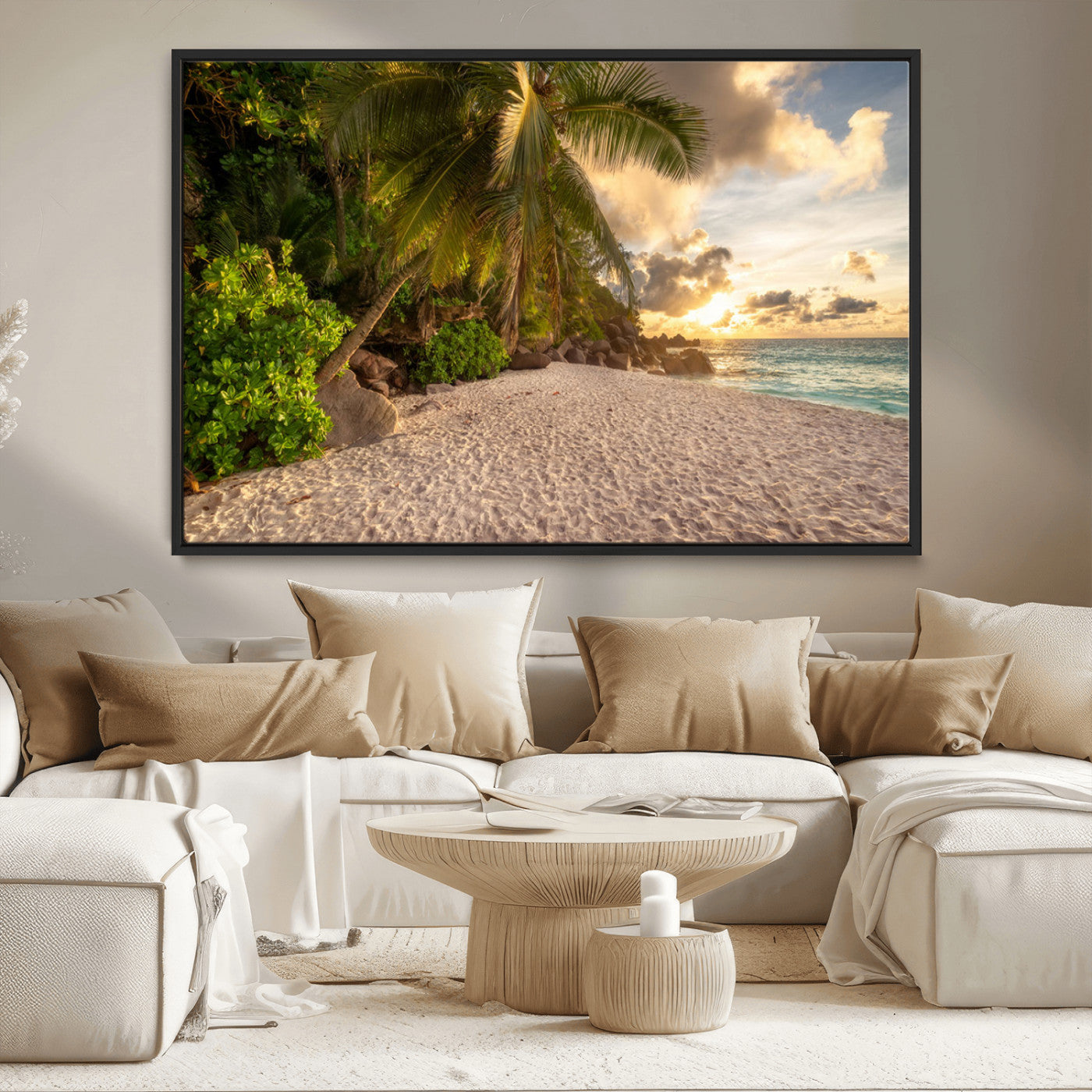 MGV-FC-36X24 - Tropical beach sunset, palm trees, white sand, ocean waves, golden sky, serene landscape, nature