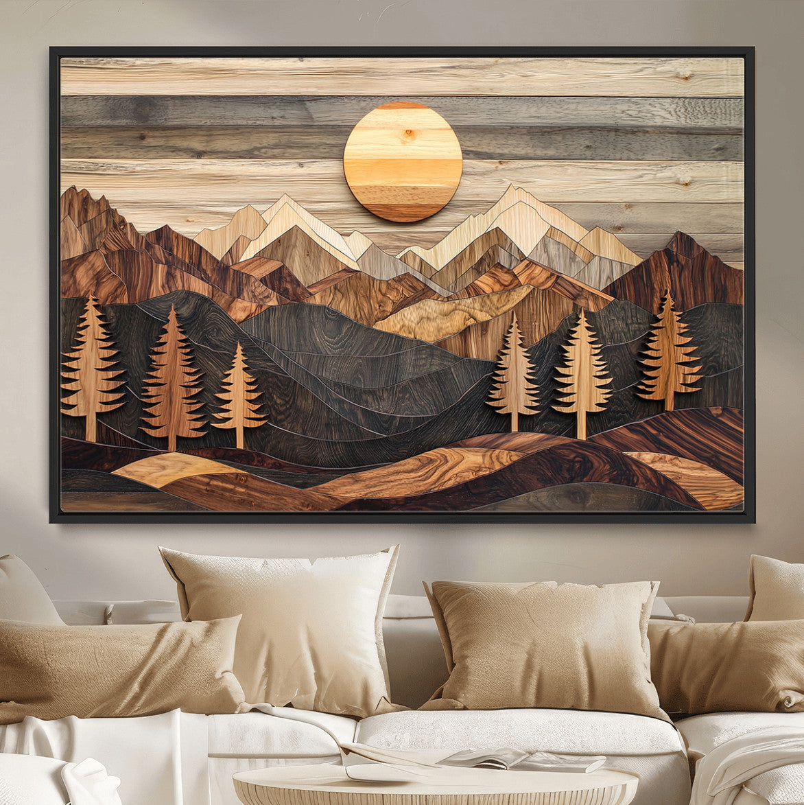 19832326-MGV-FC-36X24 - Wooden Mountain Landscape Layered Texture Geometric Shapes Sun Pine Trees Rustic Natural Tones Art